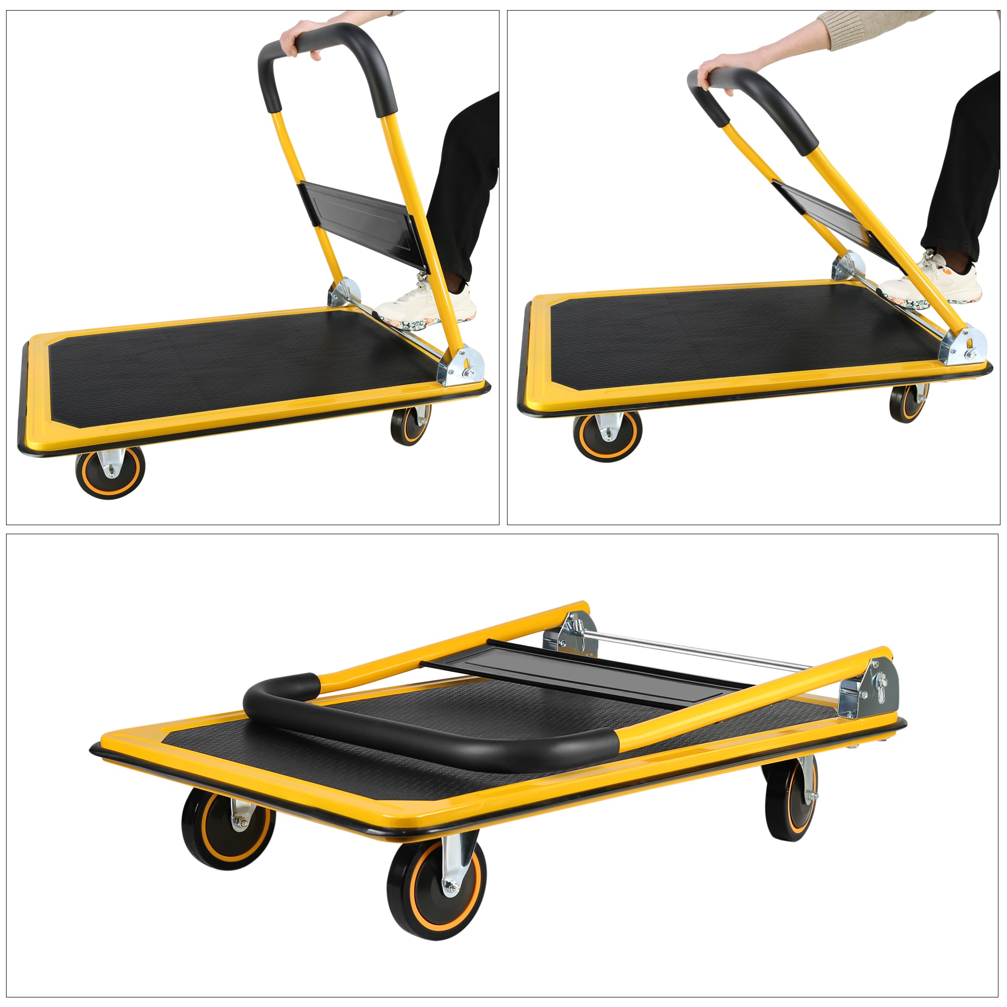 Carretilla manual de servicio pesado de acero amarillo con capacidad de 660 lb y 4 ruedas Siavonce FZ21894