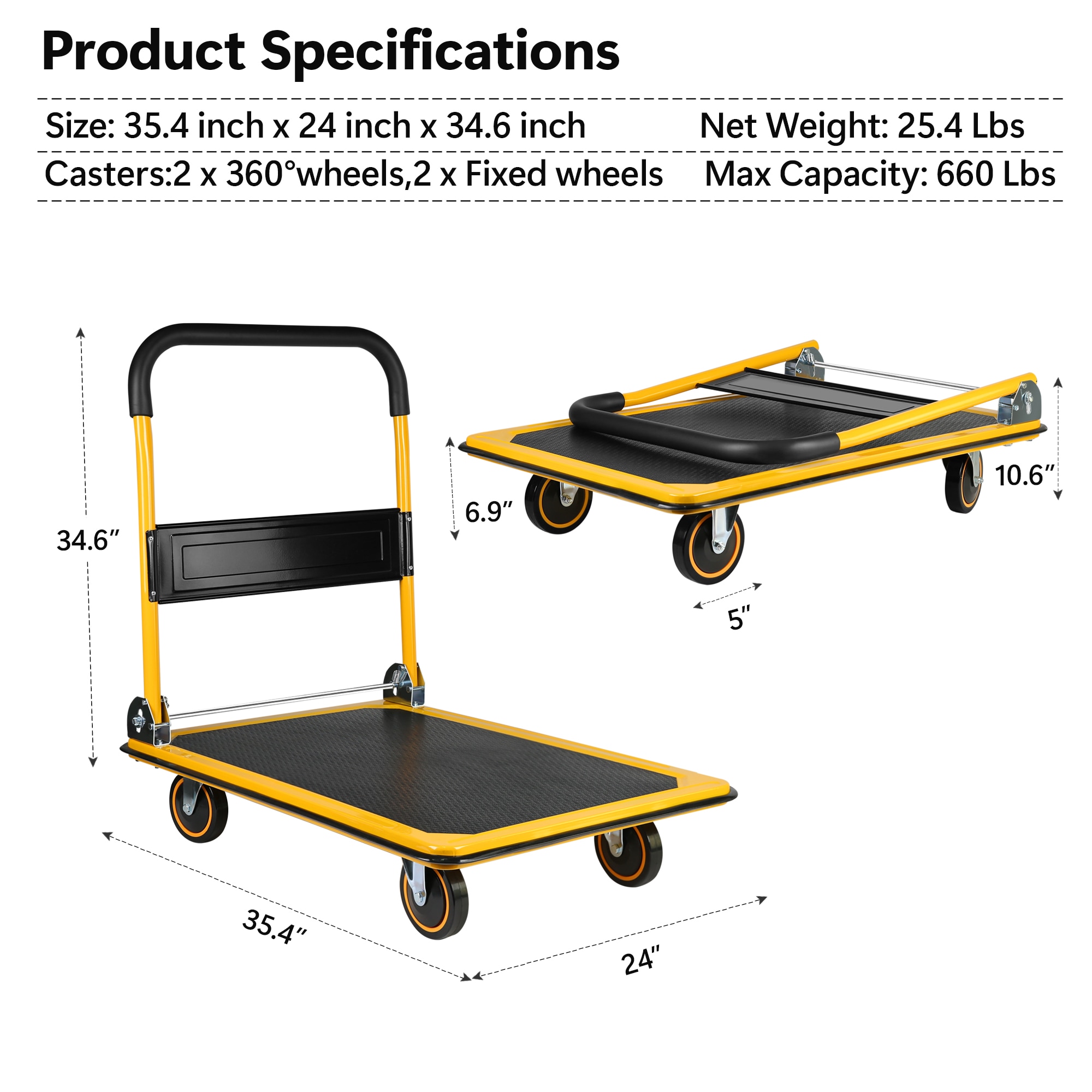 Carretilla manual de servicio pesado de acero amarillo con capacidad de 660 lb y 4 ruedas Siavonce FZ21894