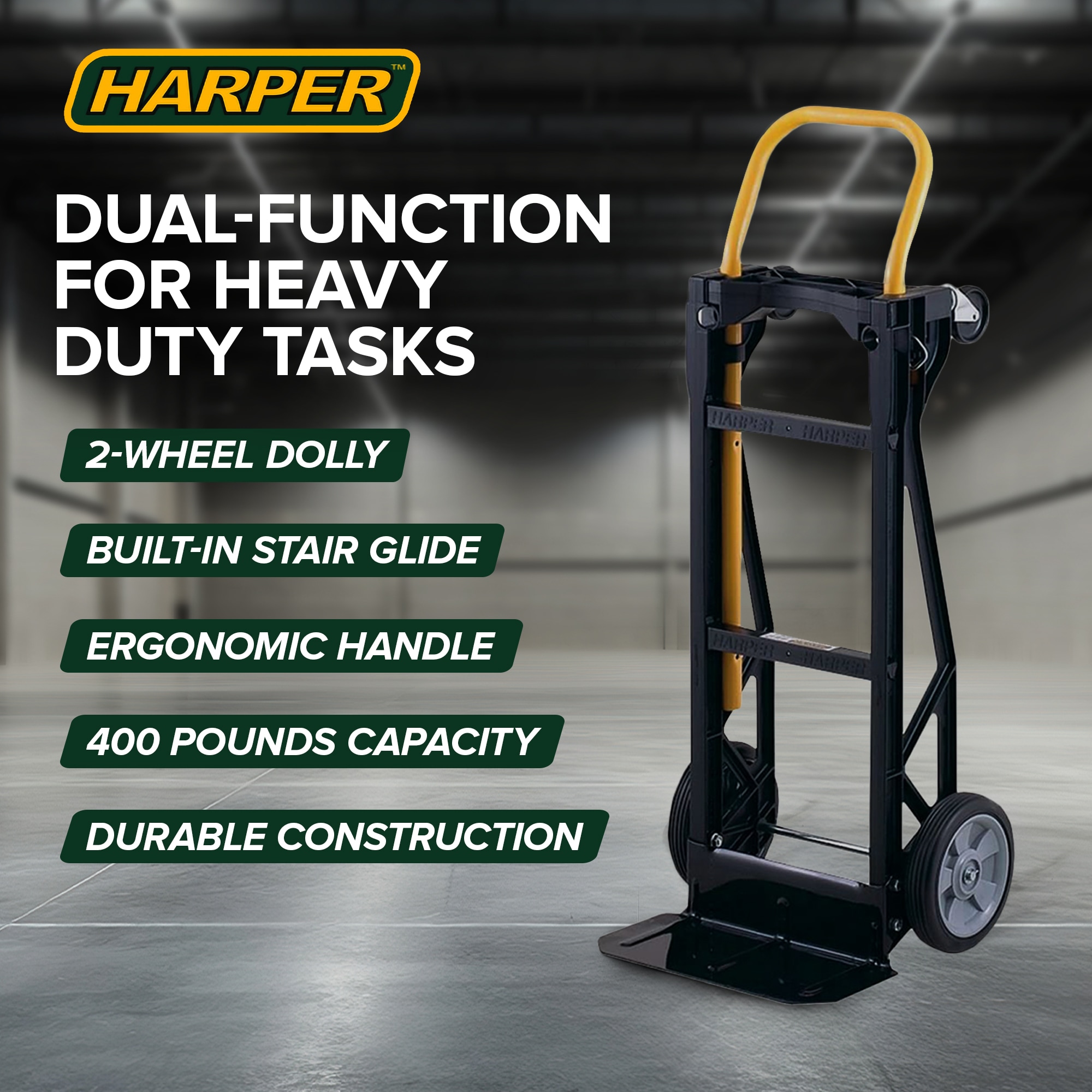 Carretilla Harper de vidrio relleno de nylon negro de 4 ruedas y capacidad de 400 lb.