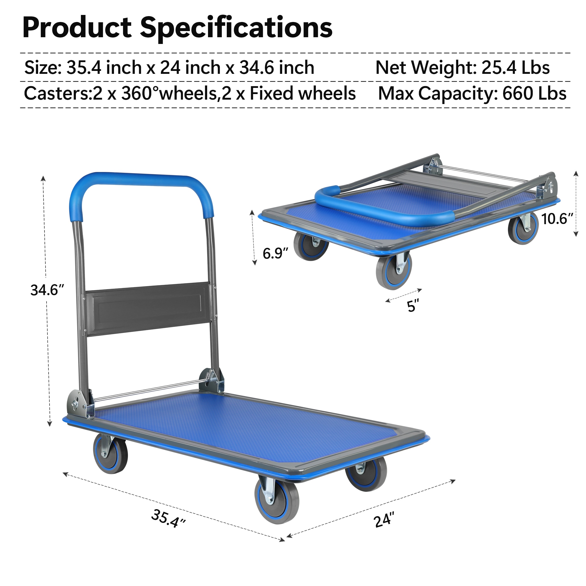Carretilla de plataforma resistente de acero azul Maocao Hoom 660 lb de capacidad con 4 ruedas BH120097