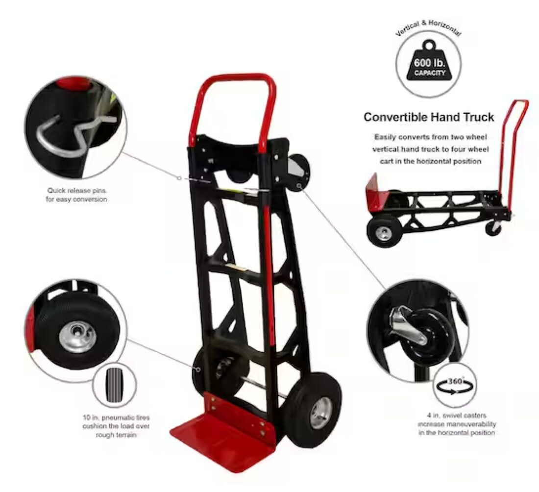 Carretilla de mano convertible de fibra de vidrio con capacidad de 600 lbs y 4 ruedas, varios colores/acabados - Milwaukee DC40611
