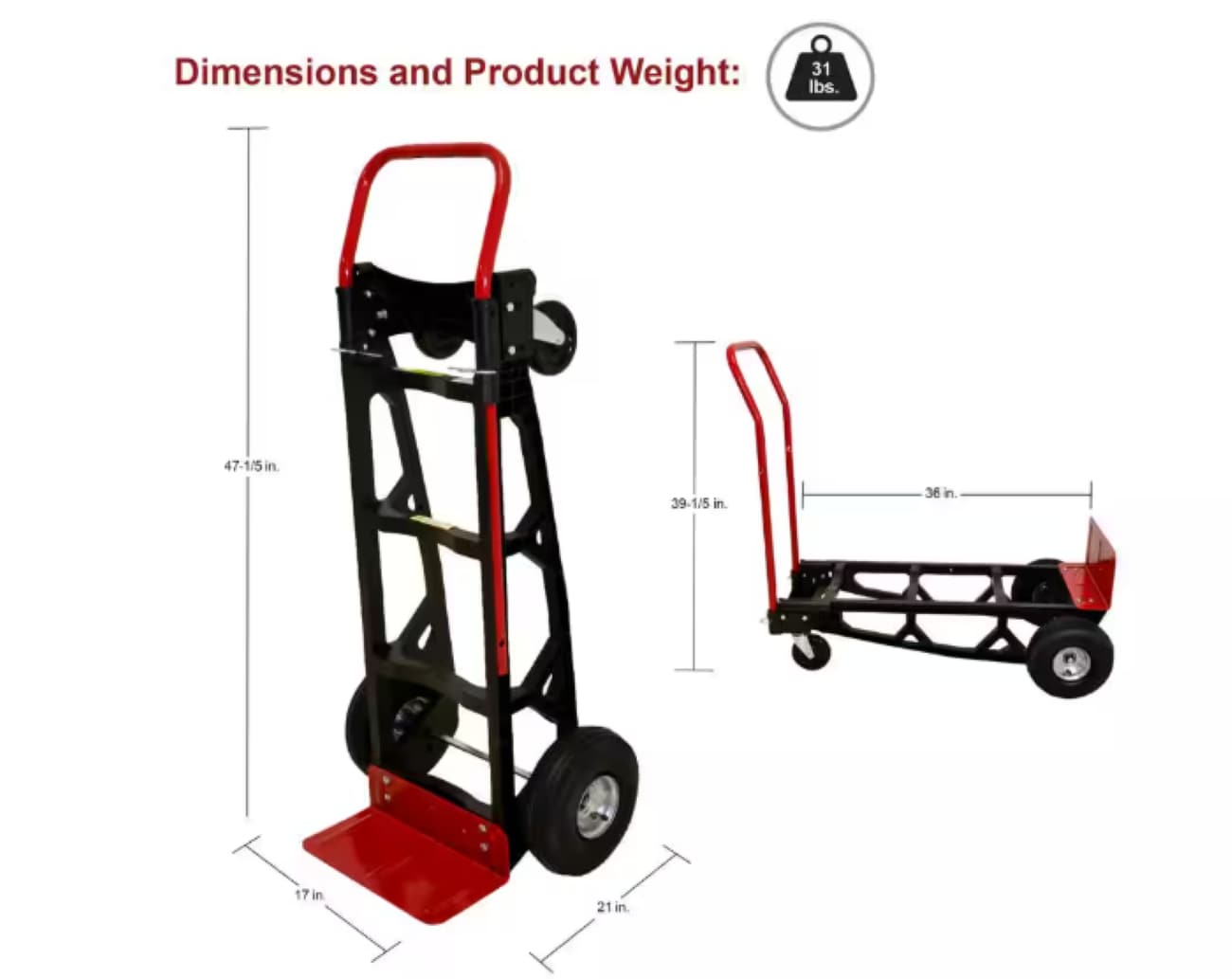 Carretilla de mano convertible de fibra de vidrio con capacidad de 600 lbs y 4 ruedas, varios colores/acabados - Milwaukee DC40611