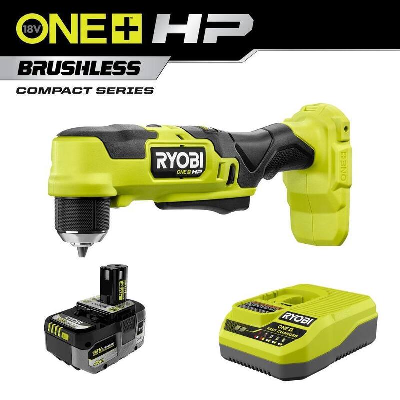 RYOBI ONE+ HP Taladro angular derecho compacto inalámbrico con motor sin escobillas de 18V y 3/8 pulgadas, con batería de alto rendimiento de 4.0 Ah y cargador GRATIS - PSBRA02B-PSK014