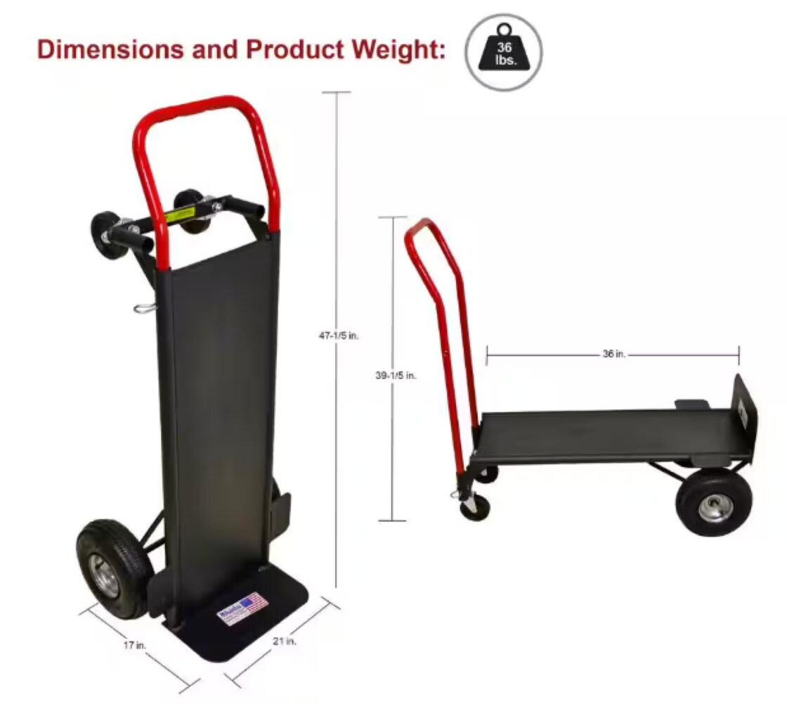 Carretilla manual convertible de acero negro de 4 ruedas con capacidad de 800 lb de Milwaukee DC30087
