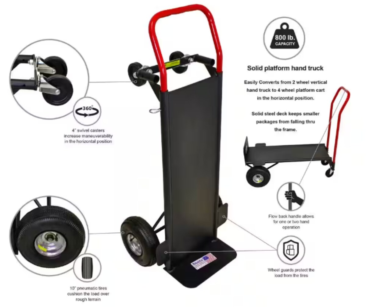 Carretilla manual convertible de acero negro de 4 ruedas con capacidad de 800 lb de Milwaukee DC30087