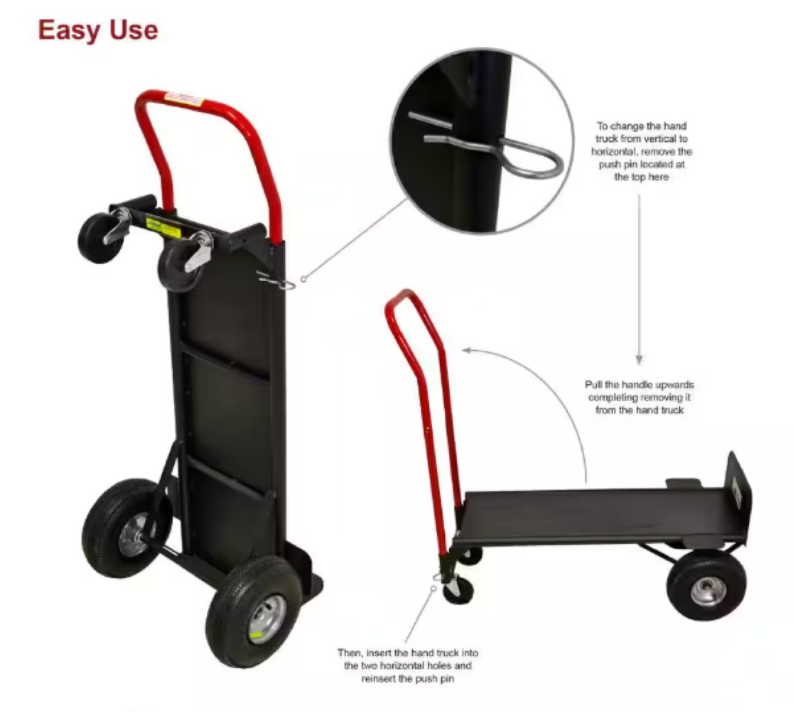 Carretilla manual convertible de acero negro de 4 ruedas con capacidad de 800 lb de Milwaukee DC30087