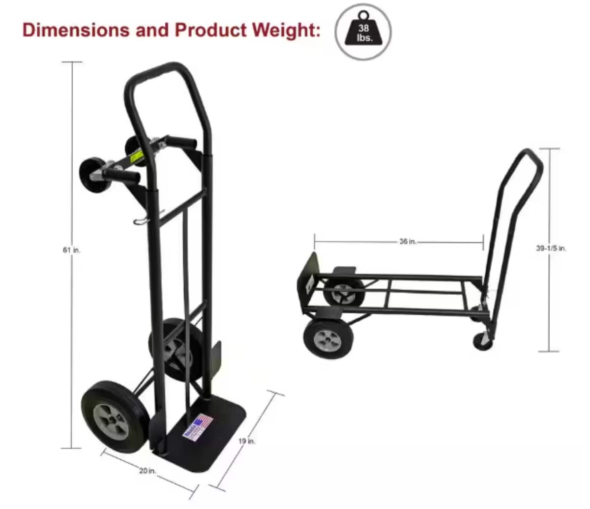 Carretilla de mano convertible de acero negro de 4 ruedas con capacidad de 600 lbs. de Milwaukee DC35081
