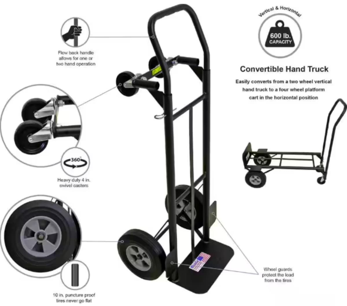 Carretilla de mano convertible de acero negro de 4 ruedas con capacidad de 600 lbs. de Milwaukee DC35081