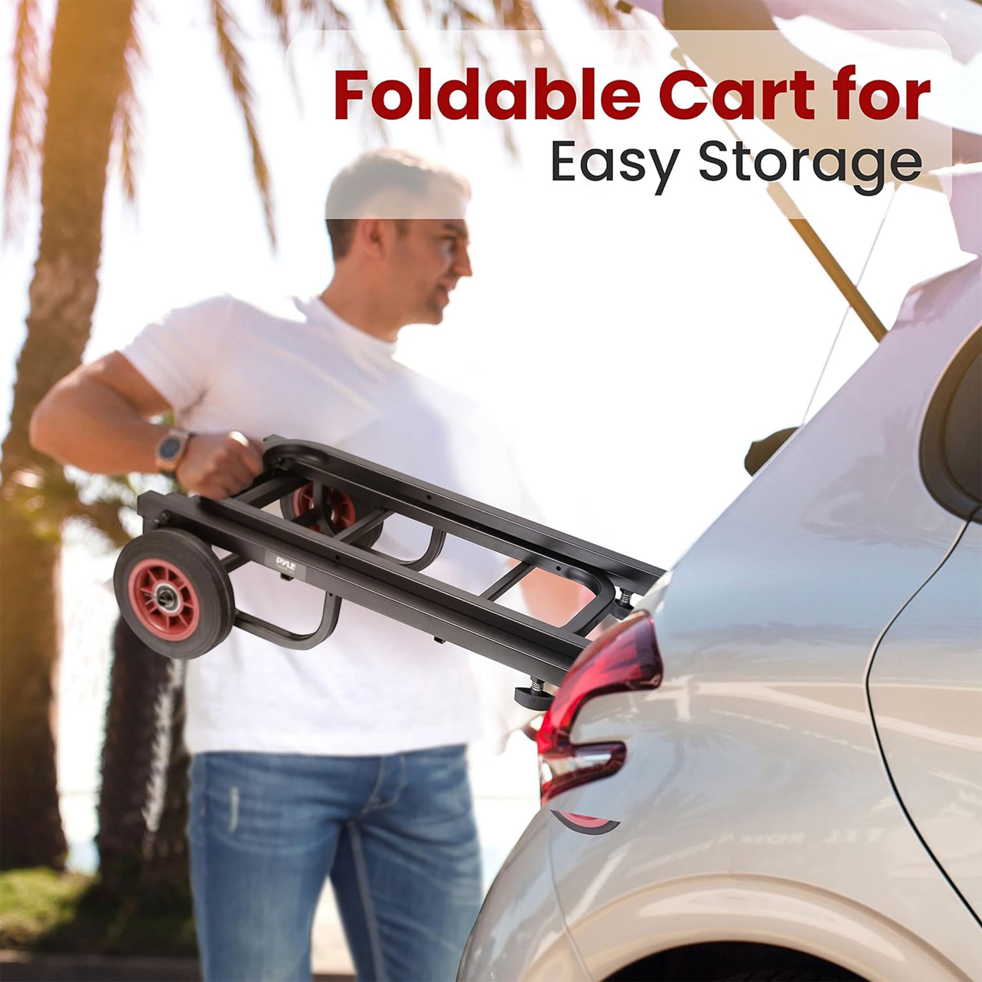 Carrito de mano plegable y ajustable Pyle Compact 8 en 1 para transporte de equipo profesional negro, extensible de 25.24 a 40.24 pulgadas.