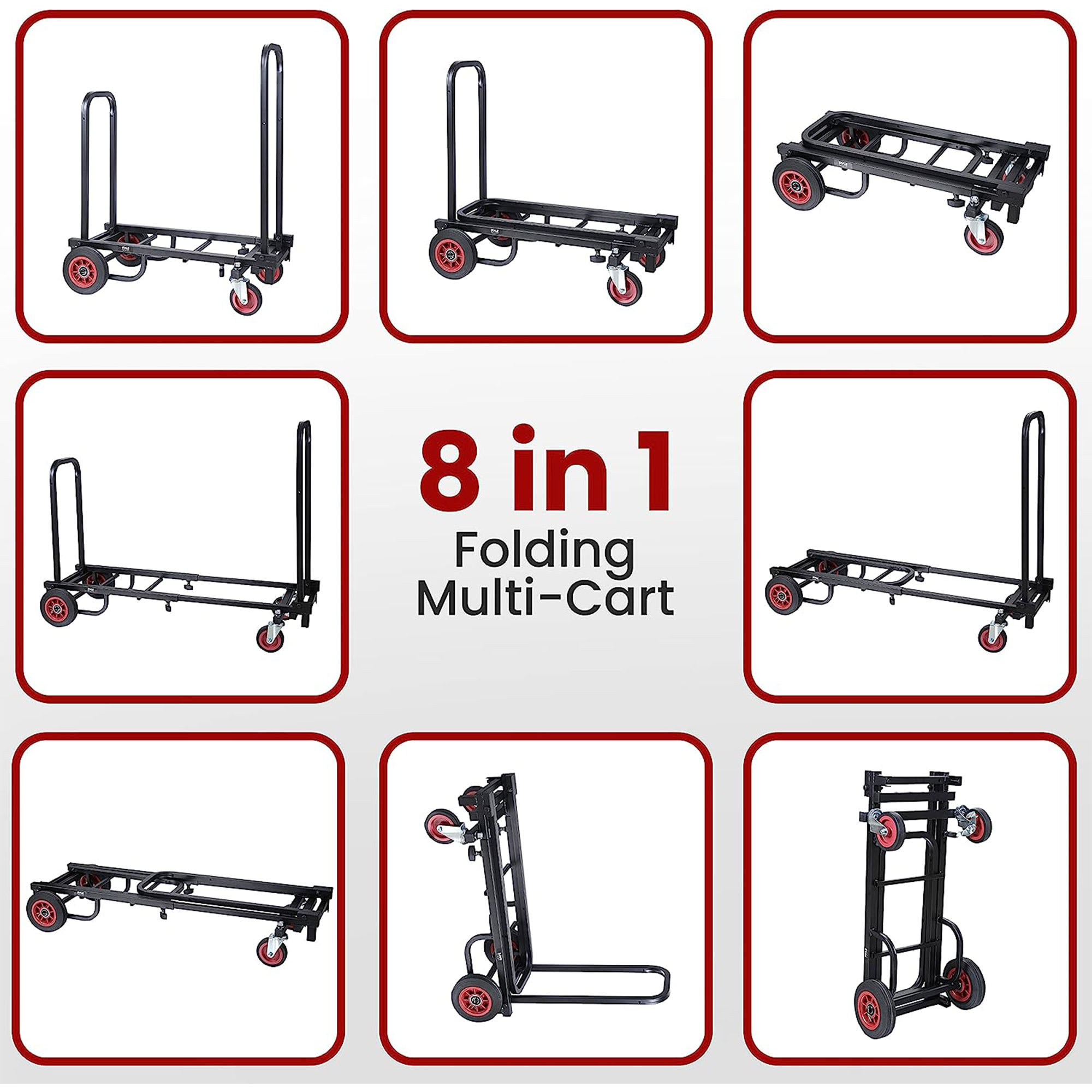 Carrito de mano plegable y ajustable Pyle Compact 8 en 1 para transporte de equipo profesional negro, extensible de 25.24 a 40.24 pulgadas.