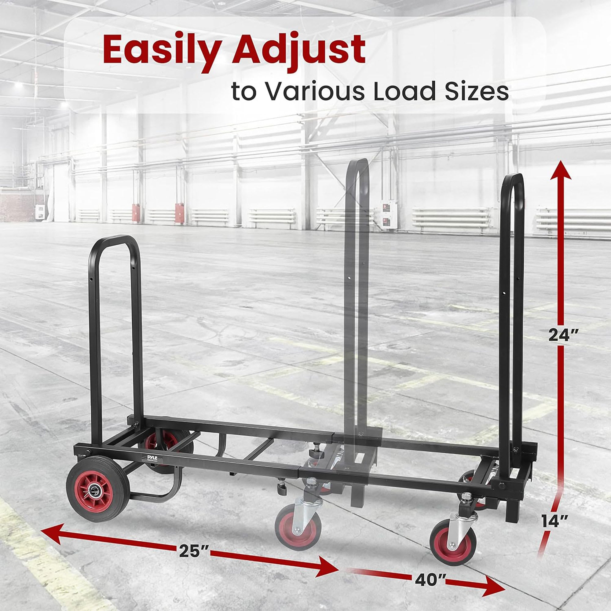 Carrito de mano plegable y ajustable Pyle Compact 8 en 1 para transporte de equipo profesional negro, extensible de 25.24 a 40.24 pulgadas.