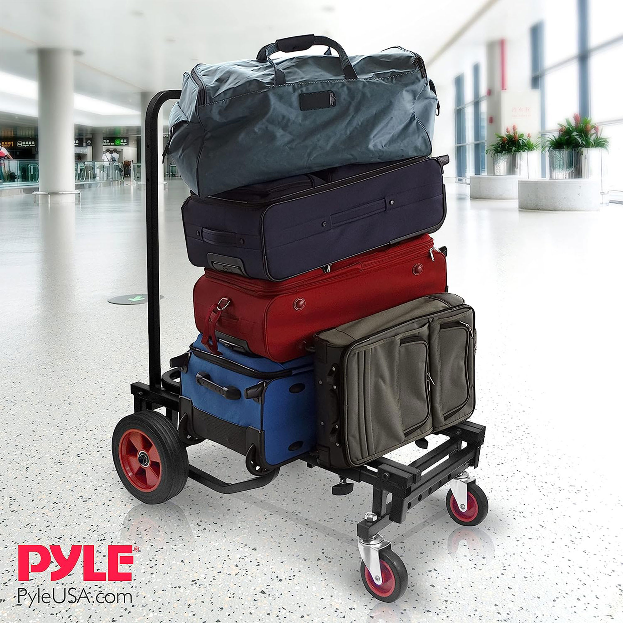 Carrito de mano plegable y ajustable Pyle Compact 8 en 1 para transporte de equipo profesional negro, extensible de 25.24 a 40.24 pulgadas.