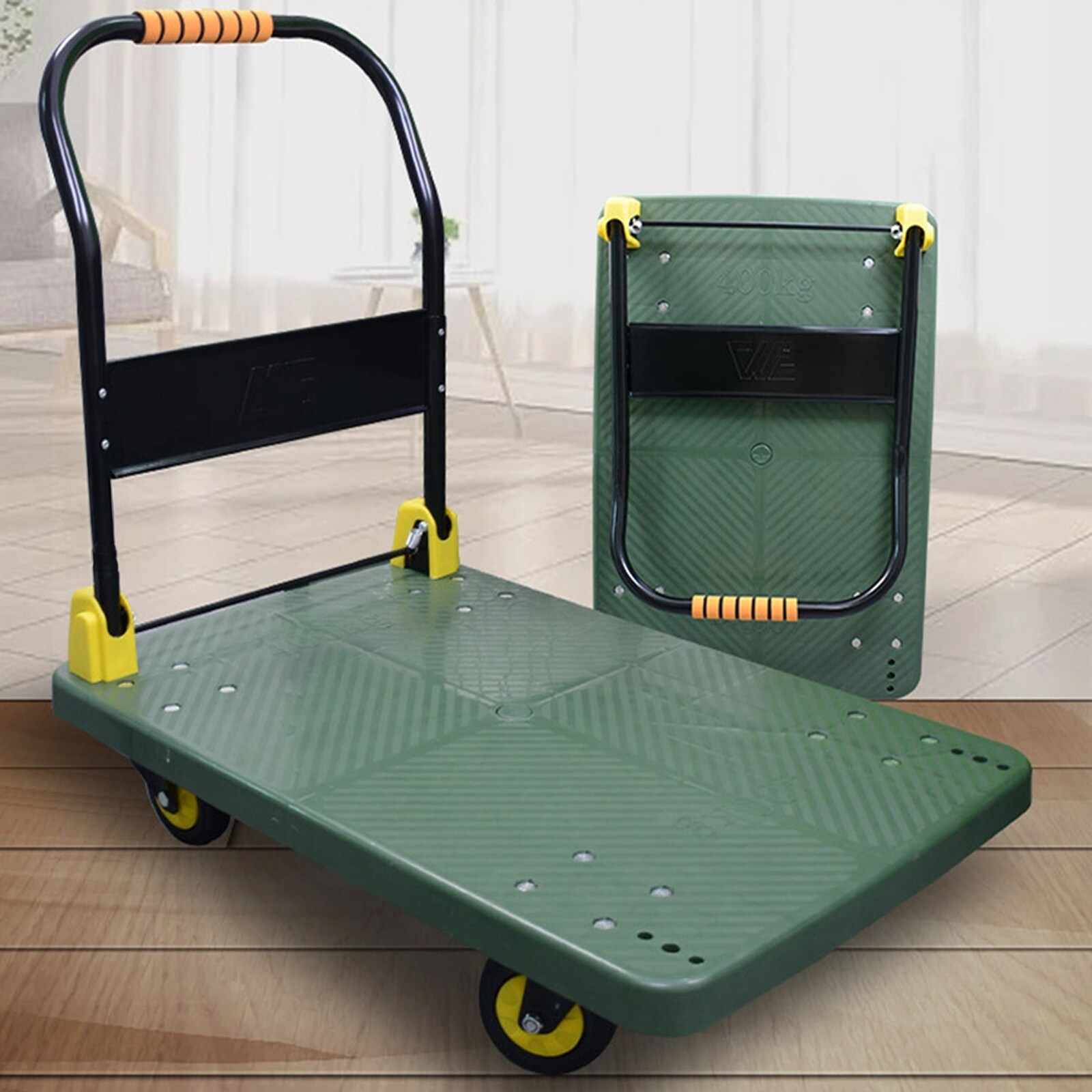 Carretilla de plataforma de acero verde de servicio pesado con capacidad de 440 lb y 4 ruedas Siavonce ZX-31493