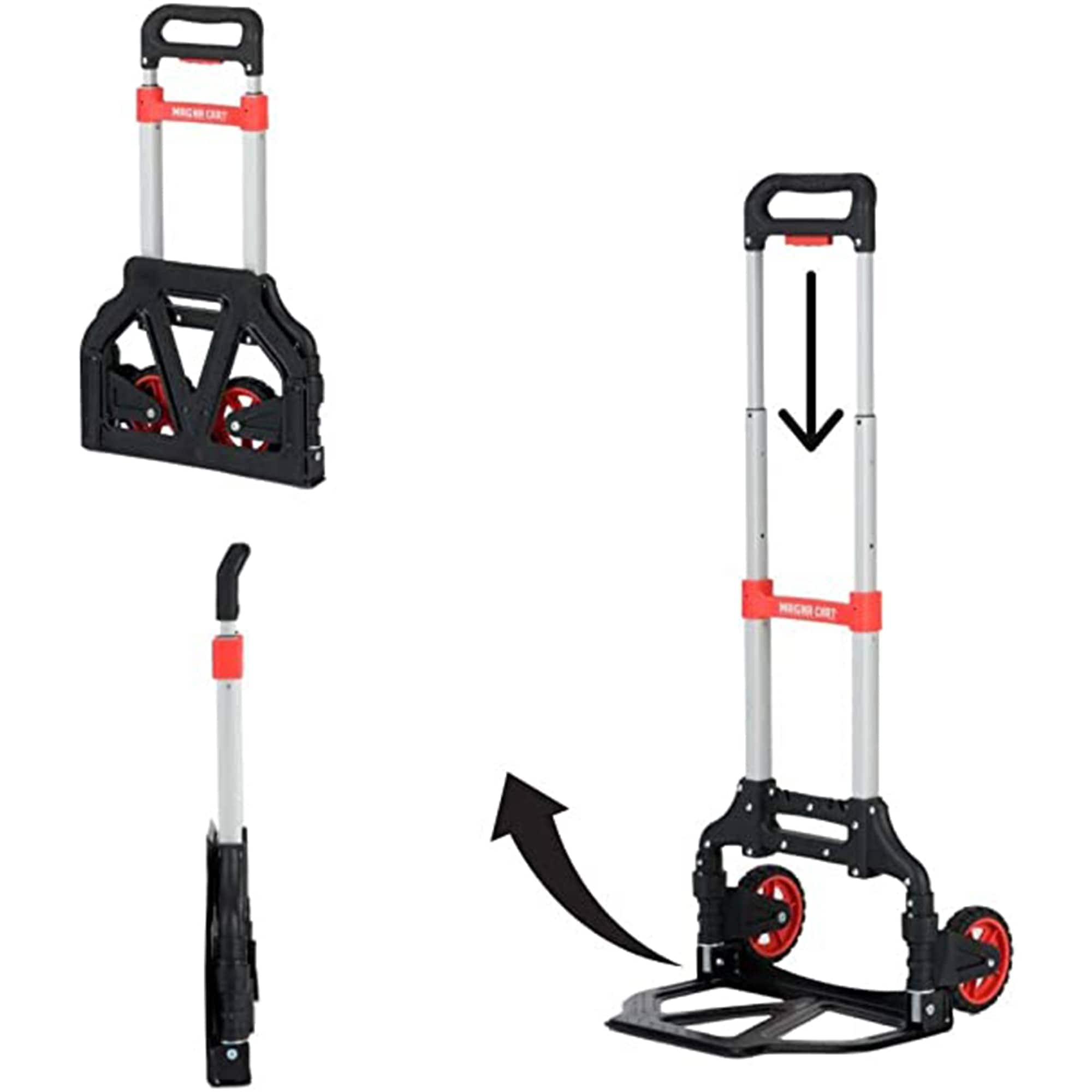 Carretilla de mano plegable de aluminio MAGNA CART Slim con capacidad de 150 libras, mango ergonómico extensible y ruedas retráctiles de goma negra/roja 318230