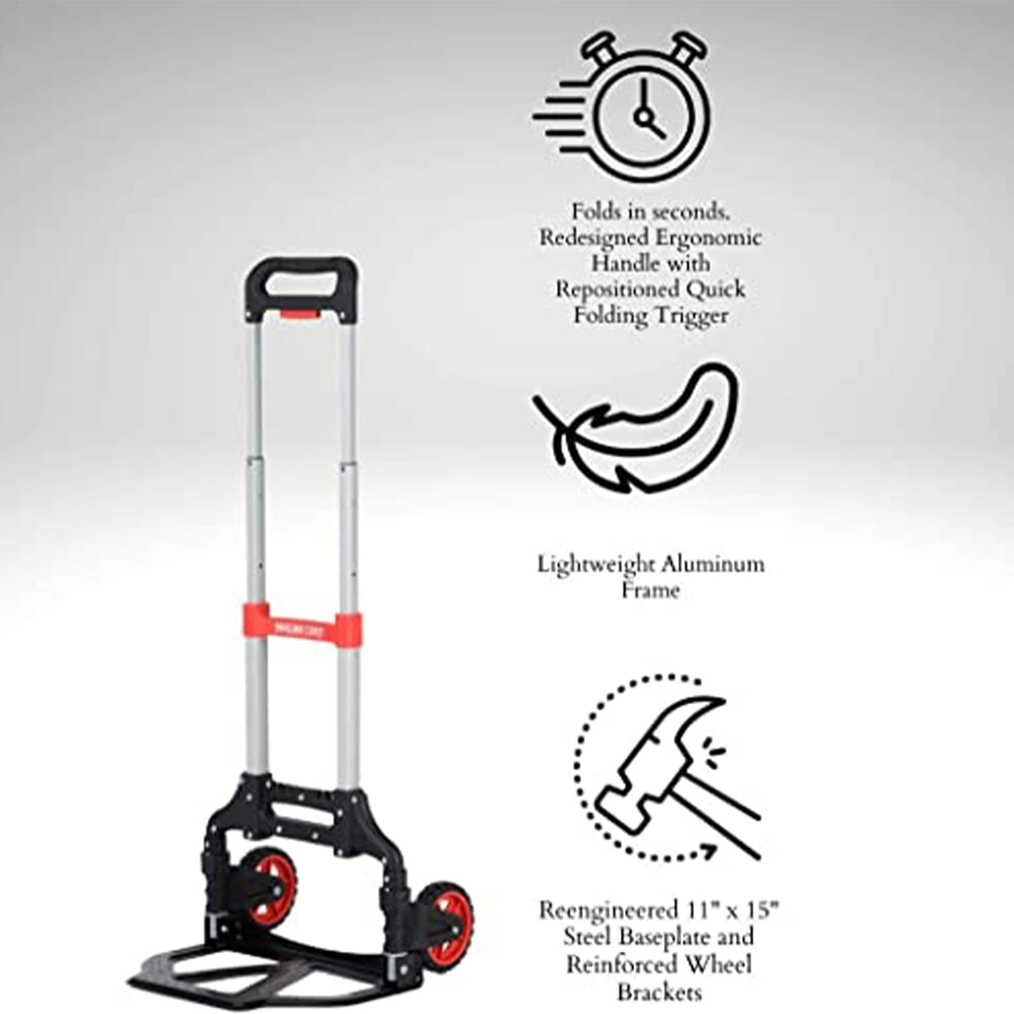 Carretilla de mano plegable de aluminio MAGNA CART Slim con capacidad de 150 libras, mango ergonómico extensible y ruedas retráctiles de goma negra/roja 318230