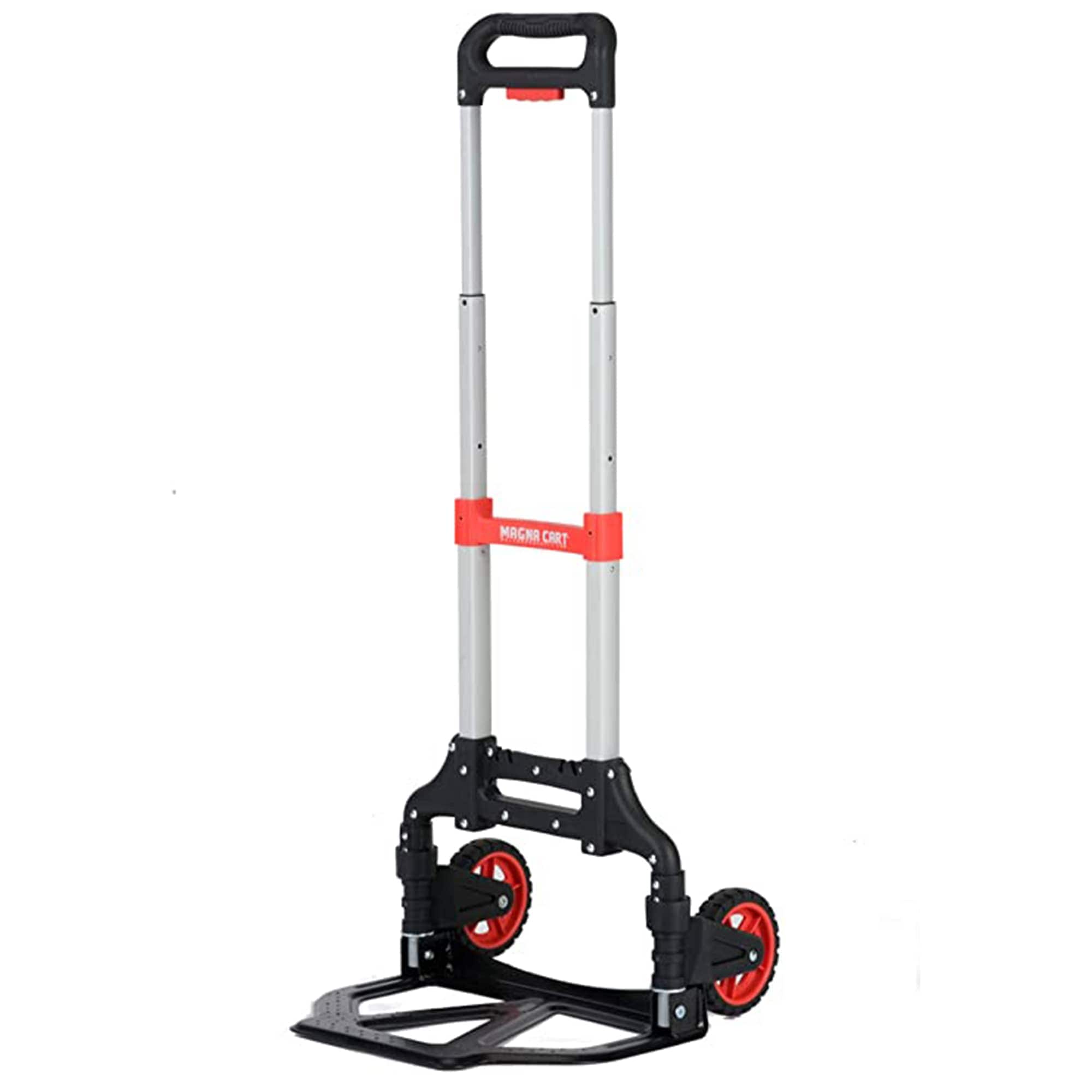 Carretilla de mano plegable de aluminio MAGNA CART Slim con capacidad de 150 libras, mango ergonómico extensible y ruedas retráctiles de goma negra/roja 318230