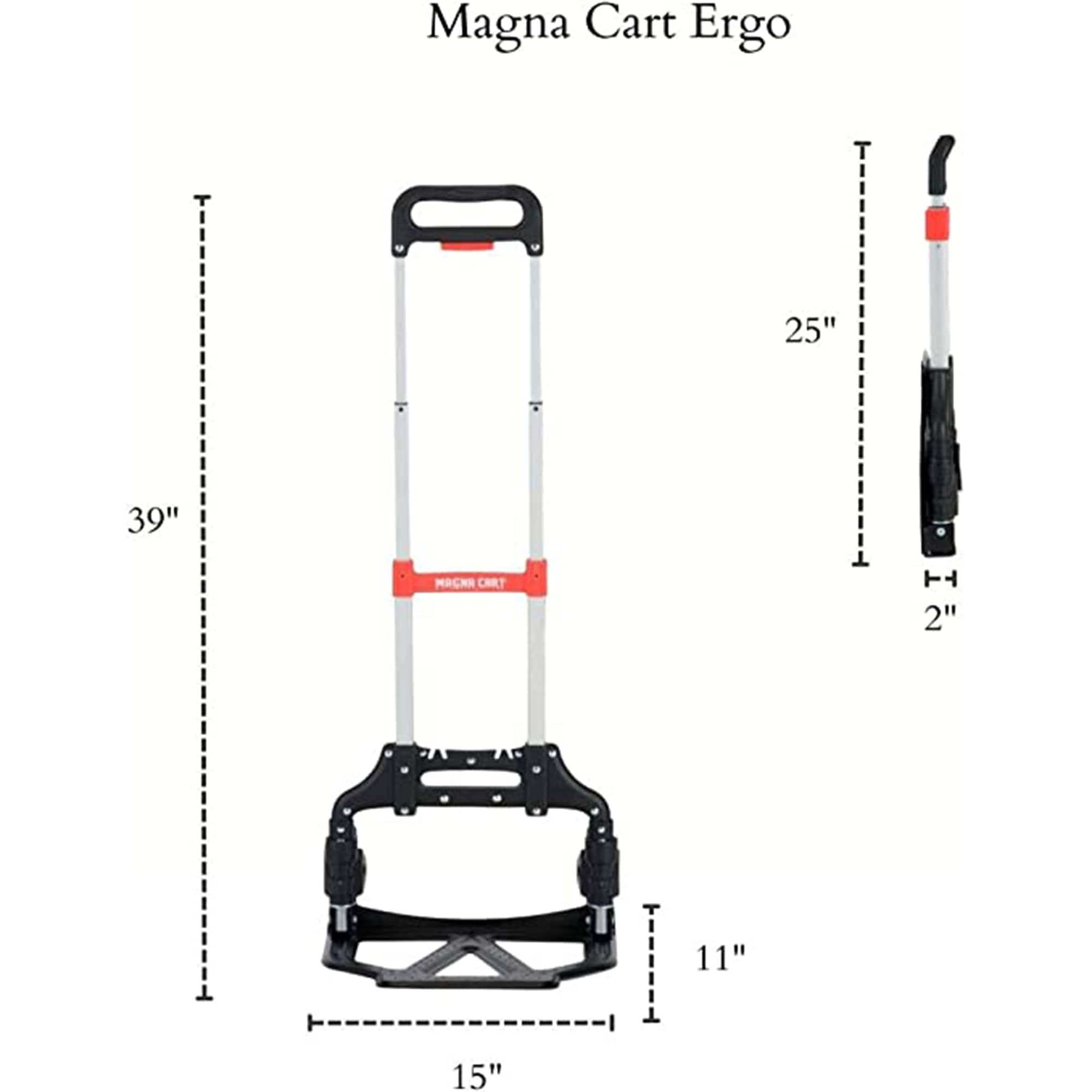 Carretilla de mano plegable de aluminio MAGNA CART Slim con capacidad de 150 libras, mango ergonómico extensible y ruedas retráctiles de goma negra/roja 318230