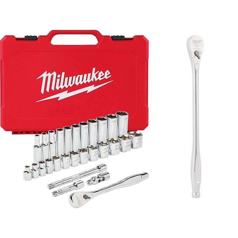 Juego de herramientas mecánicas con trinquete y dado de 3/8 de pulgada de Milwaukee con trinquete extendido de 12 pulgadas de 90 dientes (29 piezas) - 48-22-9408-48-22-9037