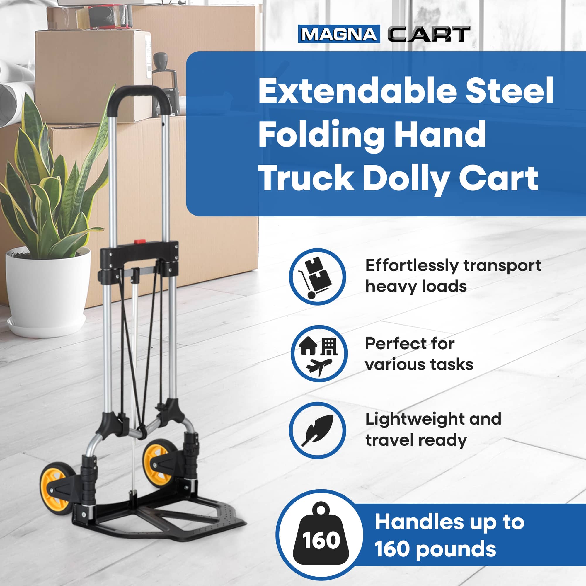 Carretilla de mano plegable MAGNA CART con ruedas retráctiles, capacidad de 160 libras, amarilla/negra 318074