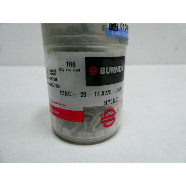 Burndy PAQUETE DE 100 TERMINALES ANILLADOS SIN AISLAMIENTO CONECTORES 20-14AWG - T1438