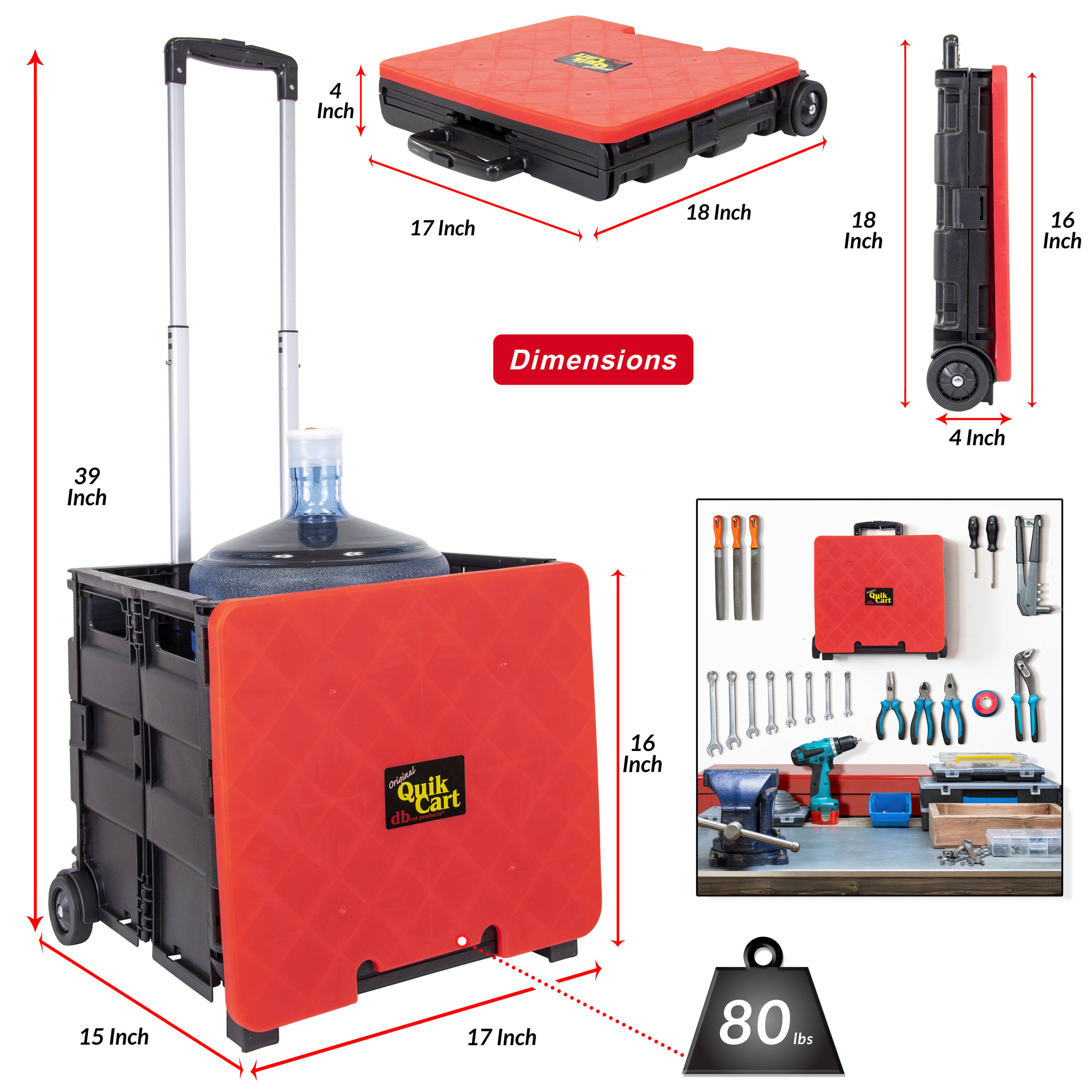 Carrito de polipropileno rojo de 2 ruedas con capacidad de 80 libras de dbest products 01-681MB