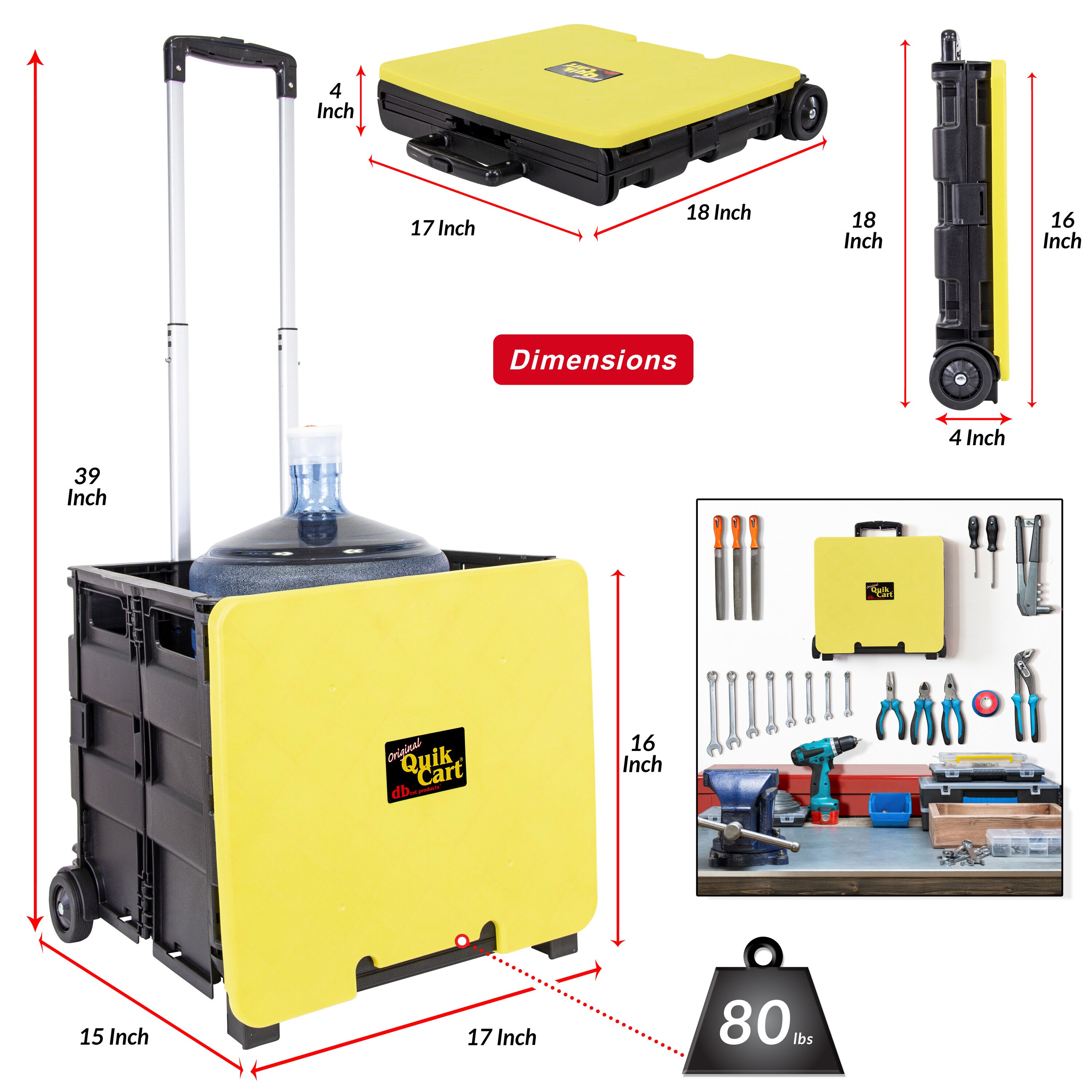 Carretilla amarilla de polipropileno de 2 ruedas con capacidad de 80 libras de dbest products 00-011MB