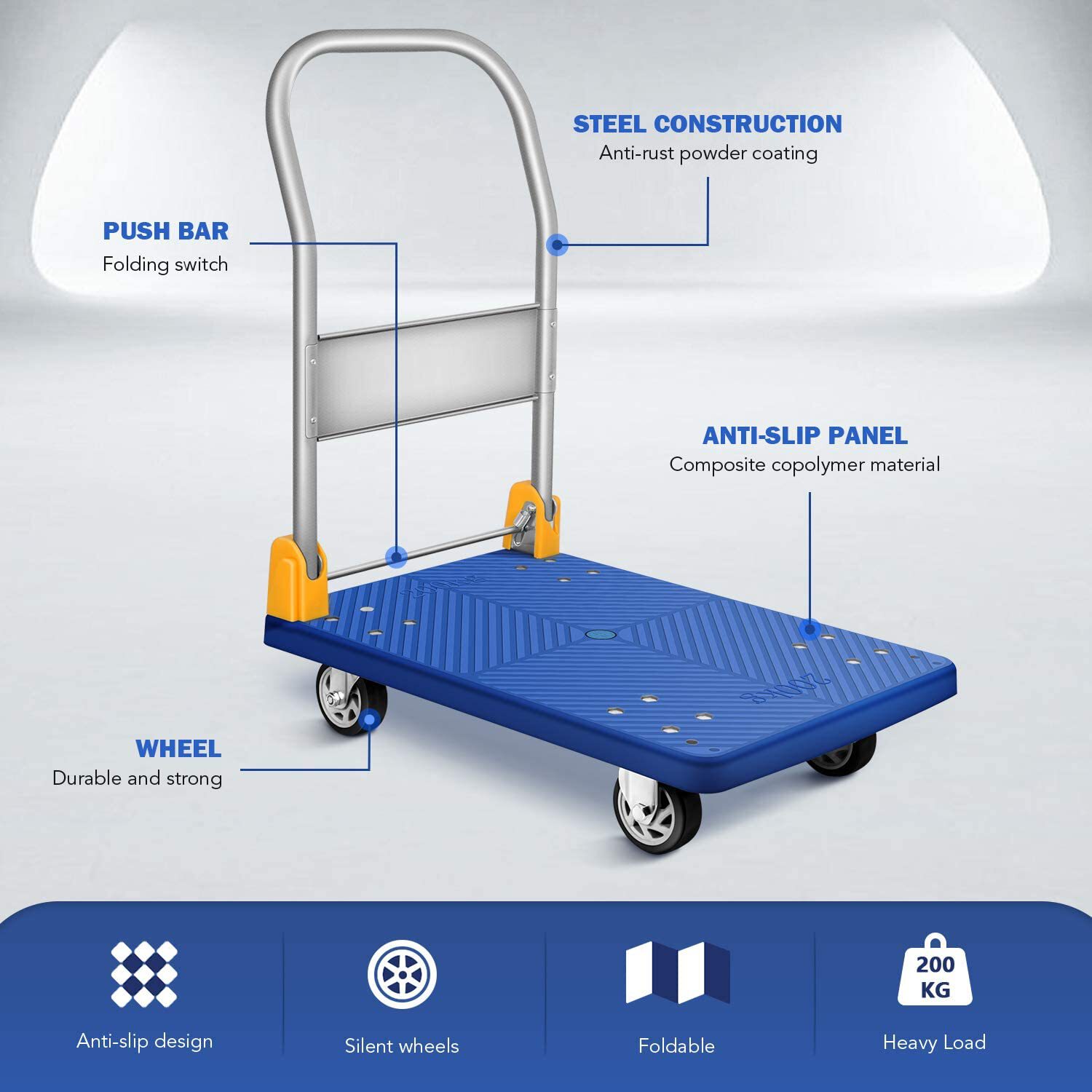 Carretilla de plataforma de servicio estándar de acero azul Maocao Hoom con capacidad de 440 lb y 5 ruedas BH-DJ-7864