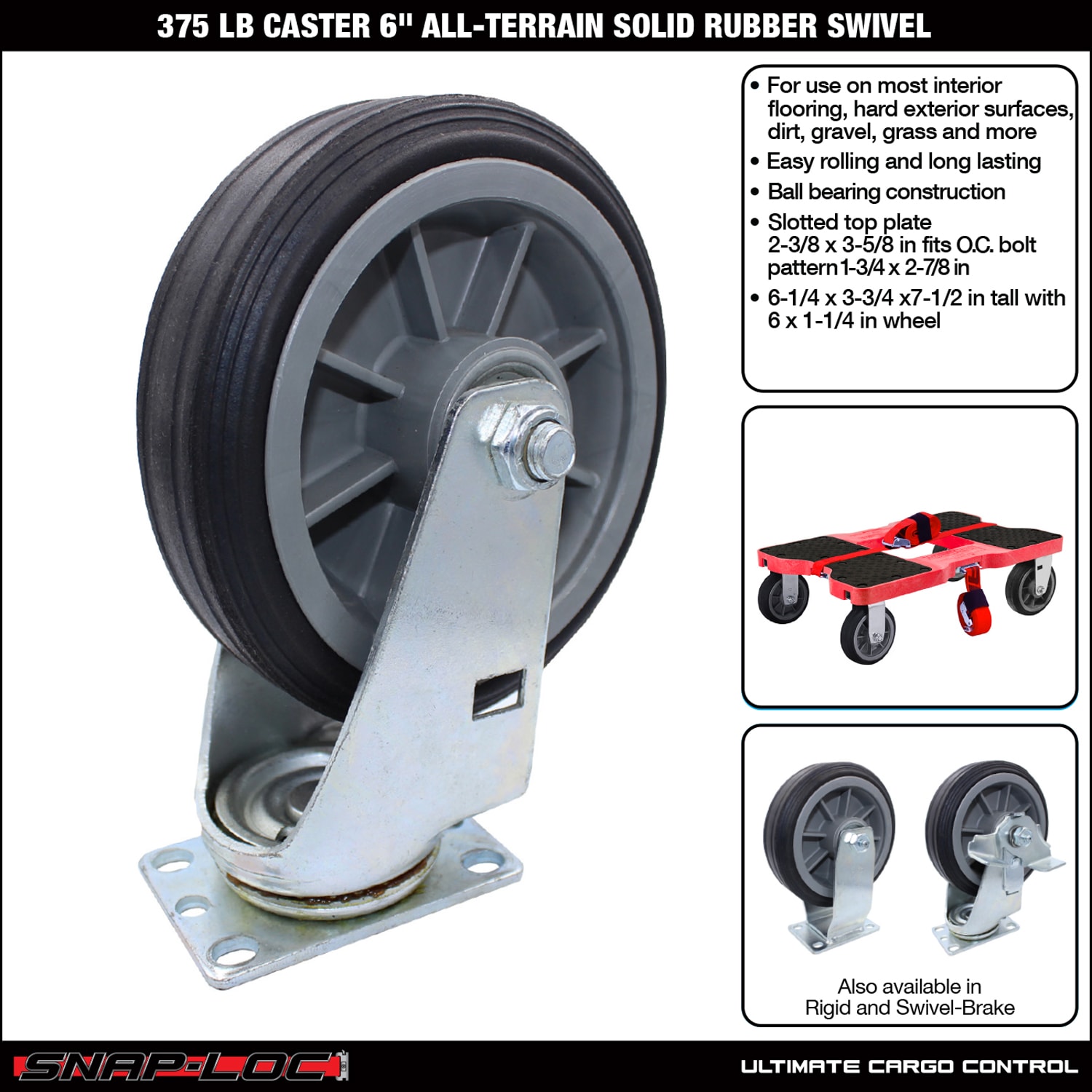 Carrito de plástico negro de una rueda Snap-Loc con capacidad de 375 lb
