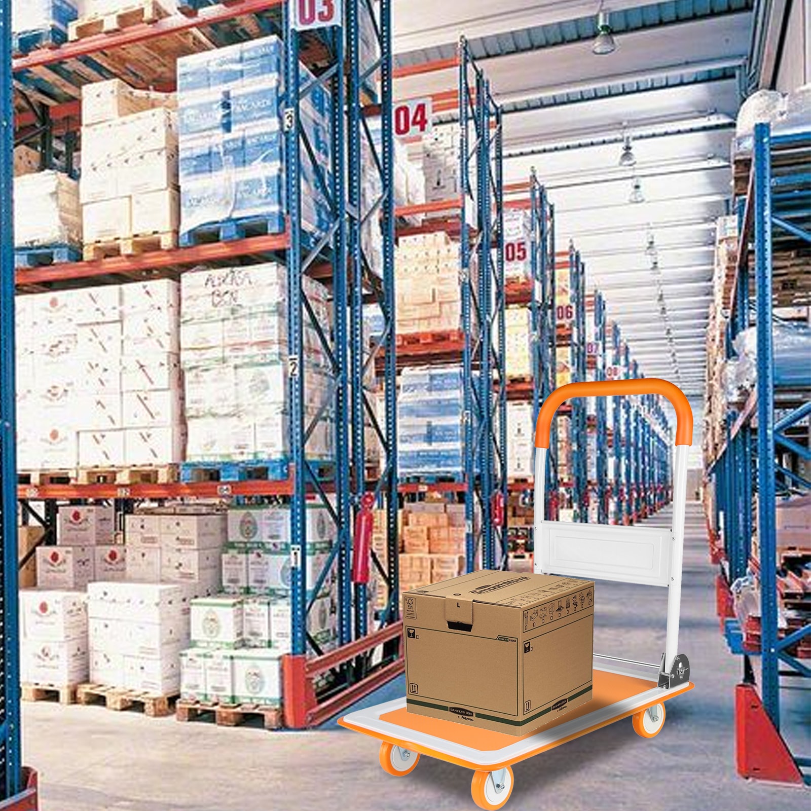 Carretilla de plataforma de deber estándar de acero con capacidad de 330 lbs y 4 ruedas color naranja Kahomvis YS-QPW1-276.