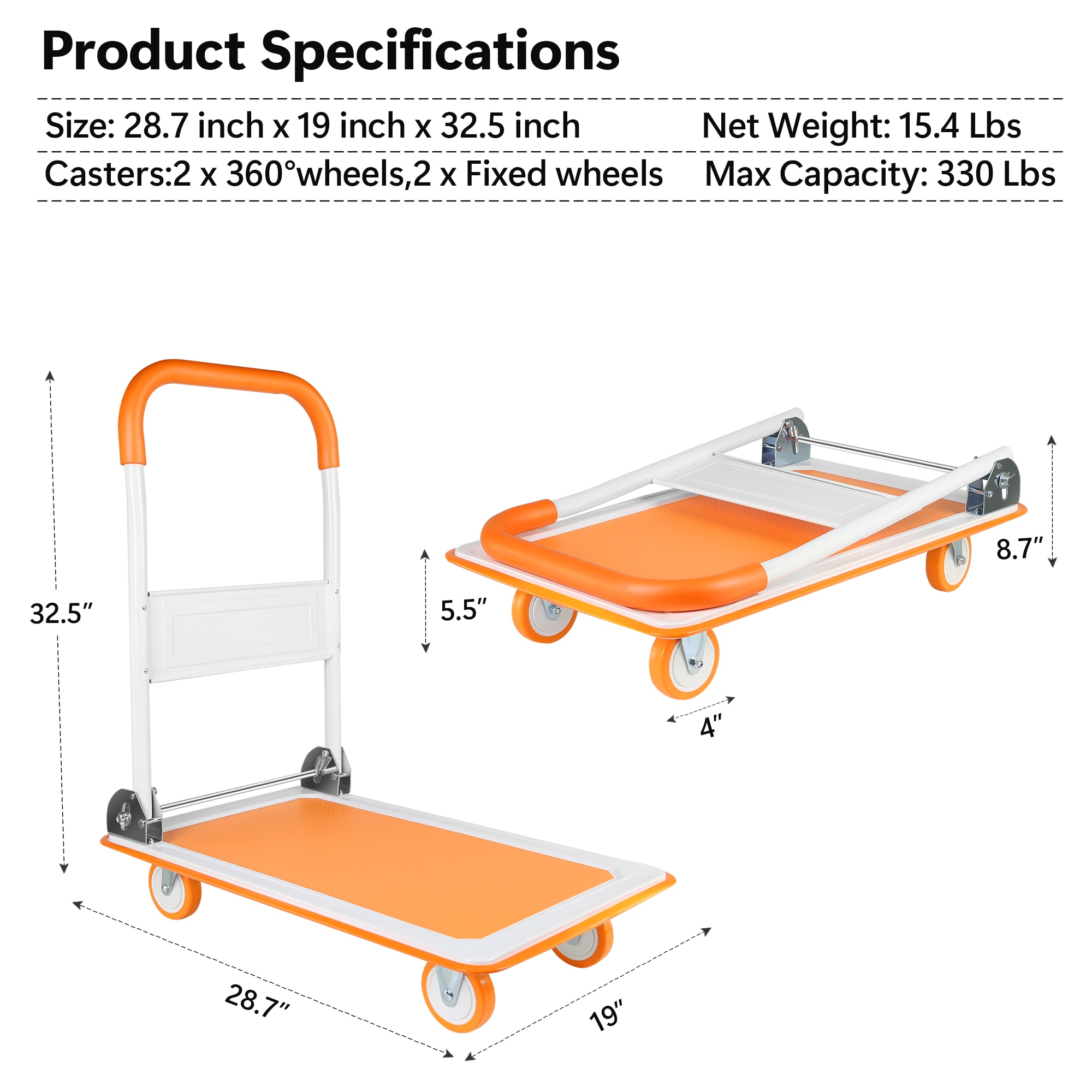 Carretilla de plataforma de deber estándar de acero con capacidad de 330 lbs y 4 ruedas color naranja Kahomvis YS-QPW1-276.