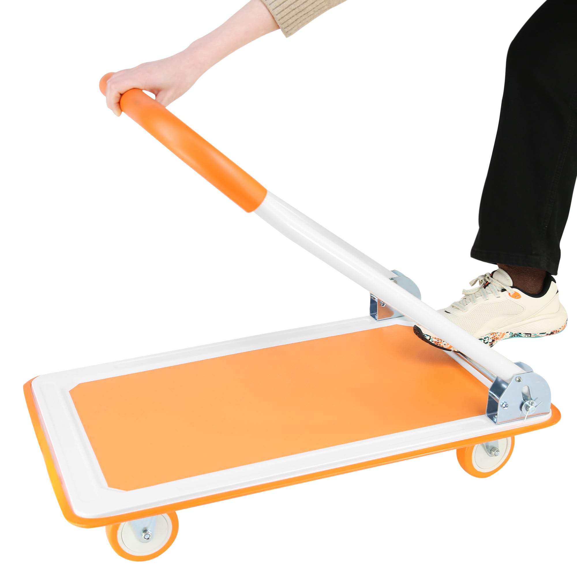 Carretilla de plataforma de deber estándar de acero con capacidad de 330 lbs y 4 ruedas color naranja Kahomvis YS-QPW1-276.