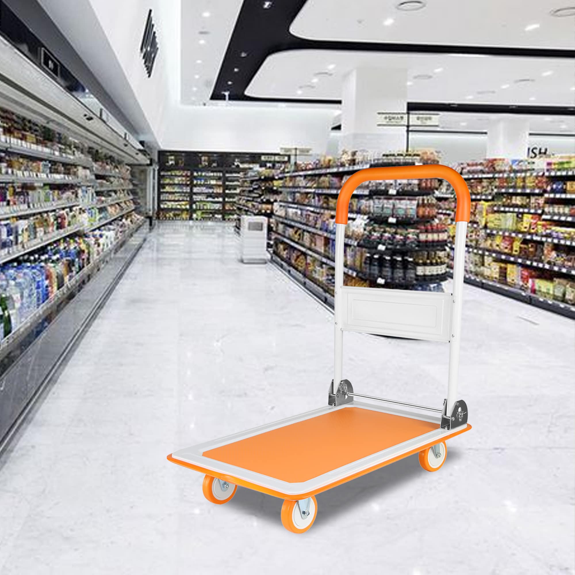 Carretilla de plataforma de deber estándar de acero con capacidad de 330 lbs y 4 ruedas color naranja Kahomvis YS-QPW1-276.