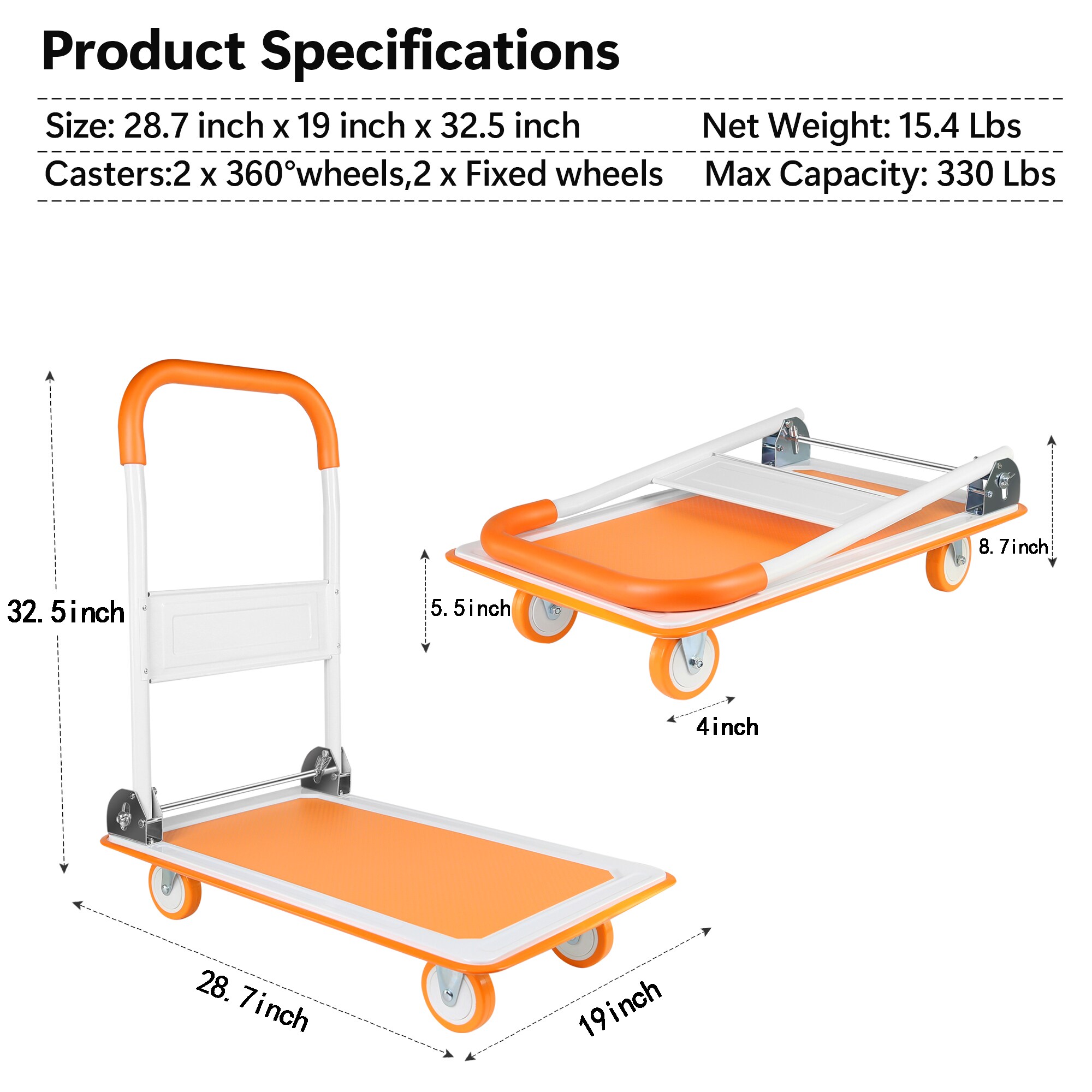 Carretilla de plataforma de deber estándar de acero con capacidad de 330 lbs y 4 ruedas color naranja Kahomvis YS-QPW1-276.