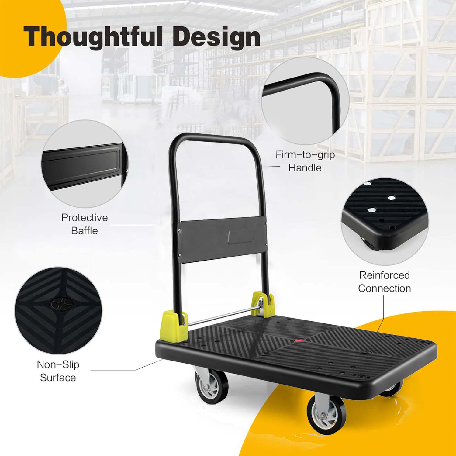 Carro de plataforma de servicio pesado de acero negro con capacidad de 400 libras y 4 ruedas Kahomvis COS-QPW1-271