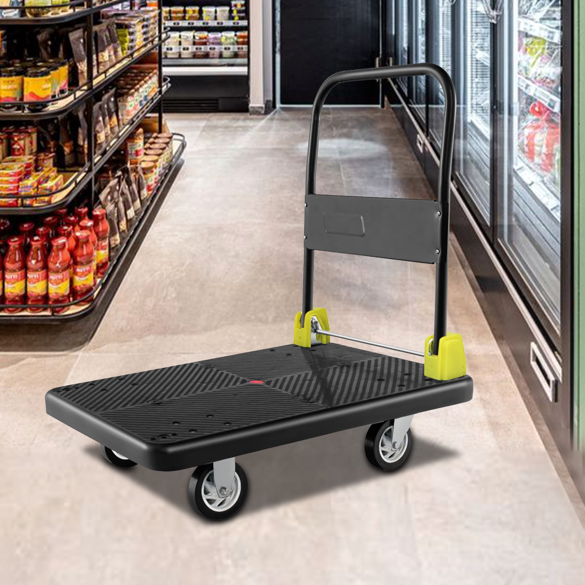 Carro de plataforma de servicio pesado de acero negro con capacidad de 400 libras y 4 ruedas Kahomvis COS-QPW1-271
