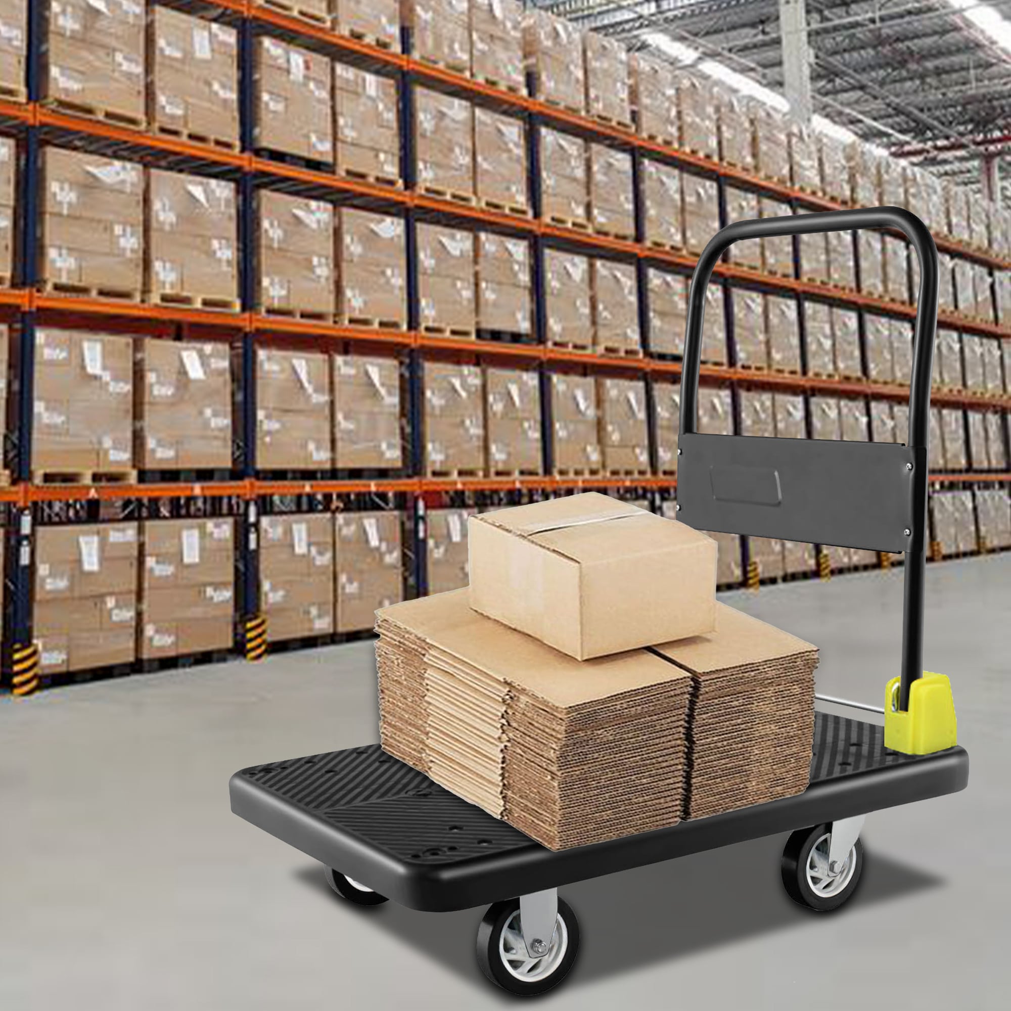 Carro de plataforma de servicio pesado de acero negro con capacidad de 400 libras y 4 ruedas Kahomvis COS-QPW1-271