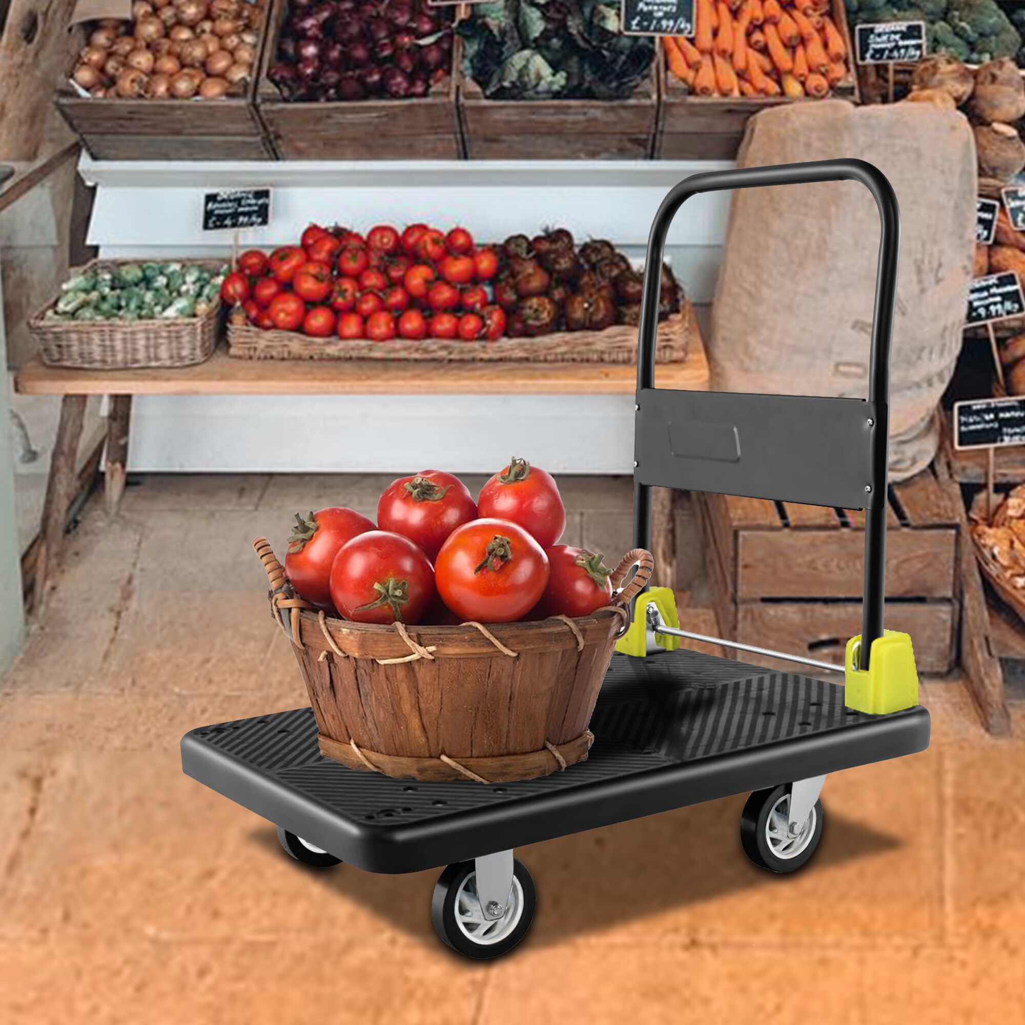 Carro de plataforma de servicio pesado de acero negro con capacidad de 400 libras y 4 ruedas Kahomvis COS-QPW1-271