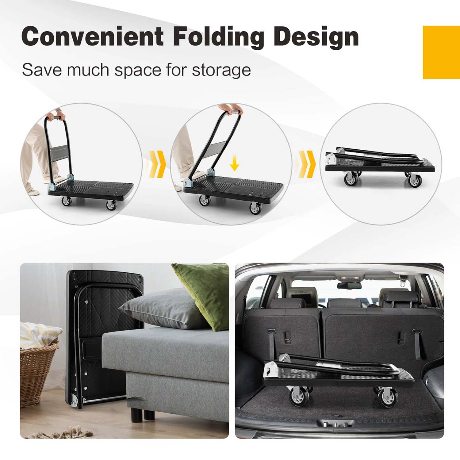Carro de plataforma de servicio pesado de acero negro con capacidad de 400 libras y 4 ruedas Kahomvis COS-QPW1-271