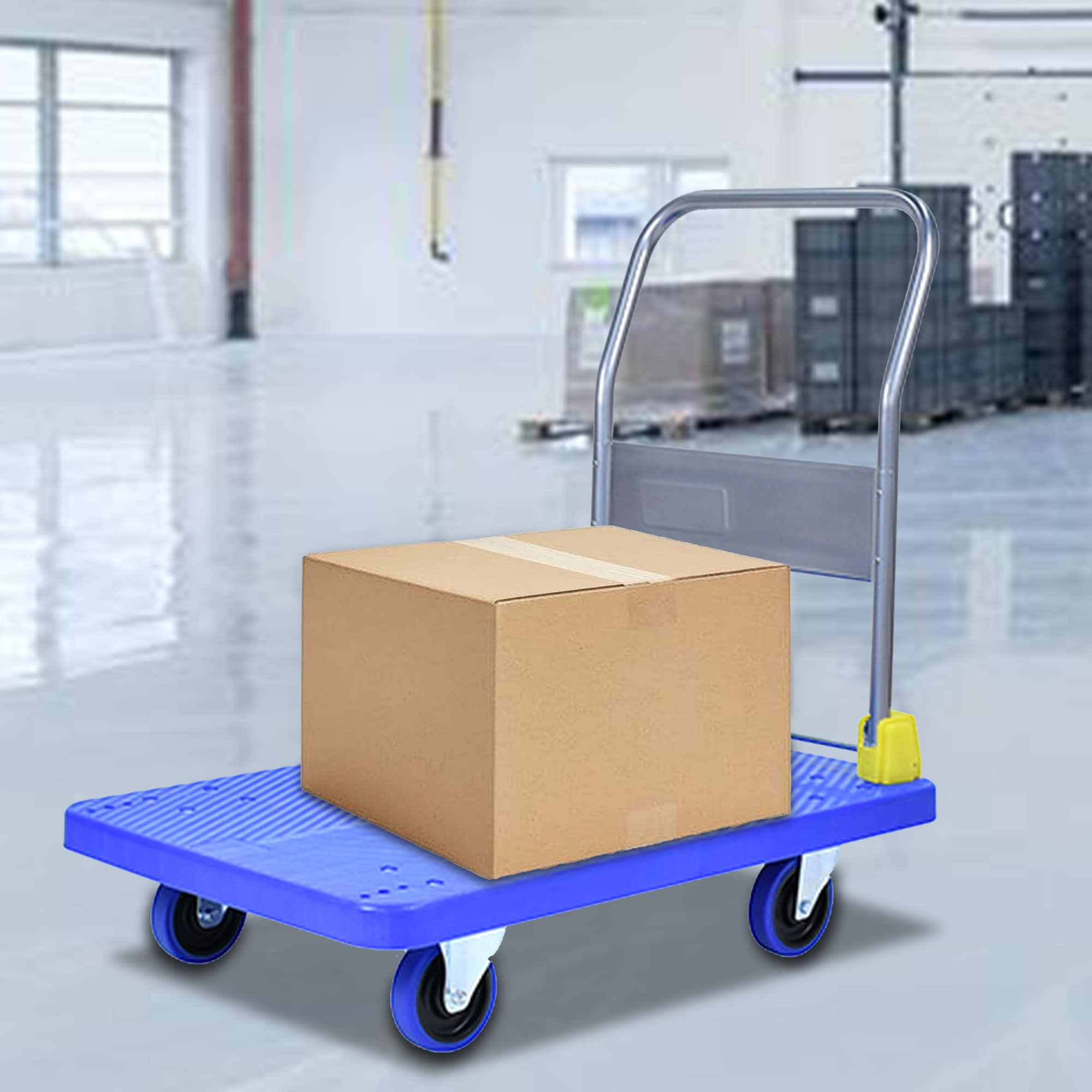 Carretilla de plataforma de acero azul resistente de 4 ruedas con capacidad de 880 libras Kahomvis COS-QPW1-008
