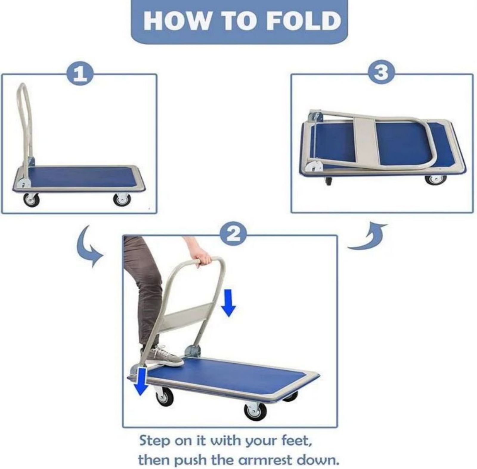 Carretilla plegable de acero azul Maocao Hoom con capacidad de 660 lbs y 4 ruedas BH-DJ-77010