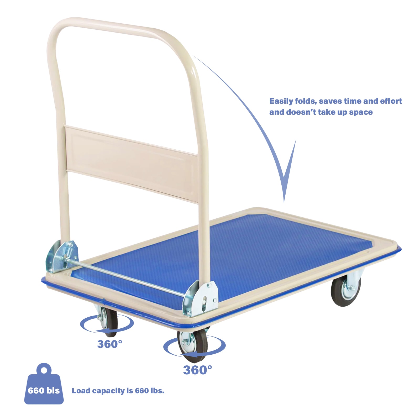 Carretilla plegable de acero azul Maocao Hoom con capacidad de 660 lbs y 4 ruedas BH-DJ-77010