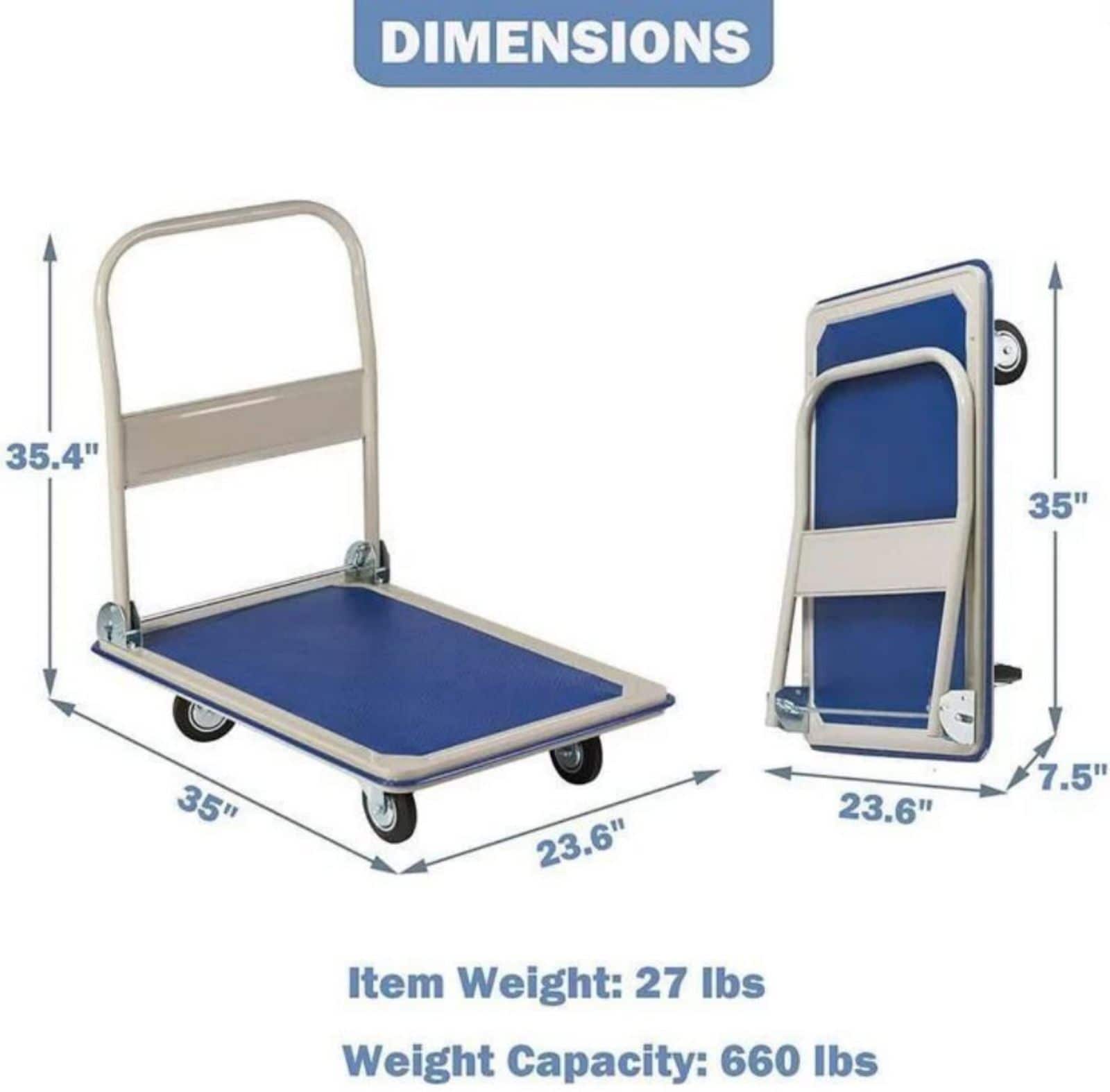 Carretilla plegable de acero azul Maocao Hoom con capacidad de 660 lbs y 4 ruedas BH-DJ-77010