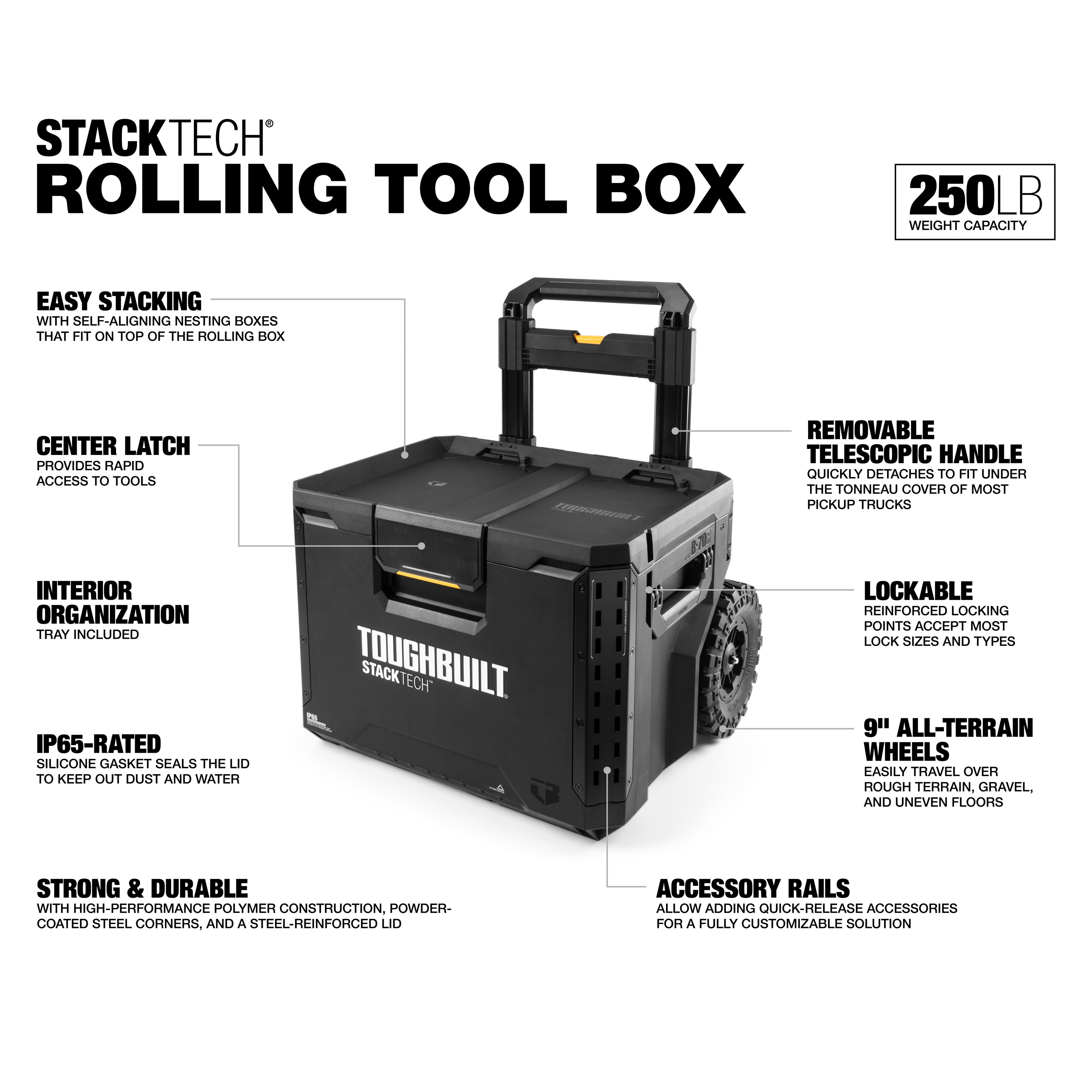 Caja de herramientas rodante de plástico/metal TOUGHBUILT STACKTECH 22.3 pulgadas de ancho x 26 pulgadas de alto x 19.7 pulgadas de profundidad TB-B1-B-70R