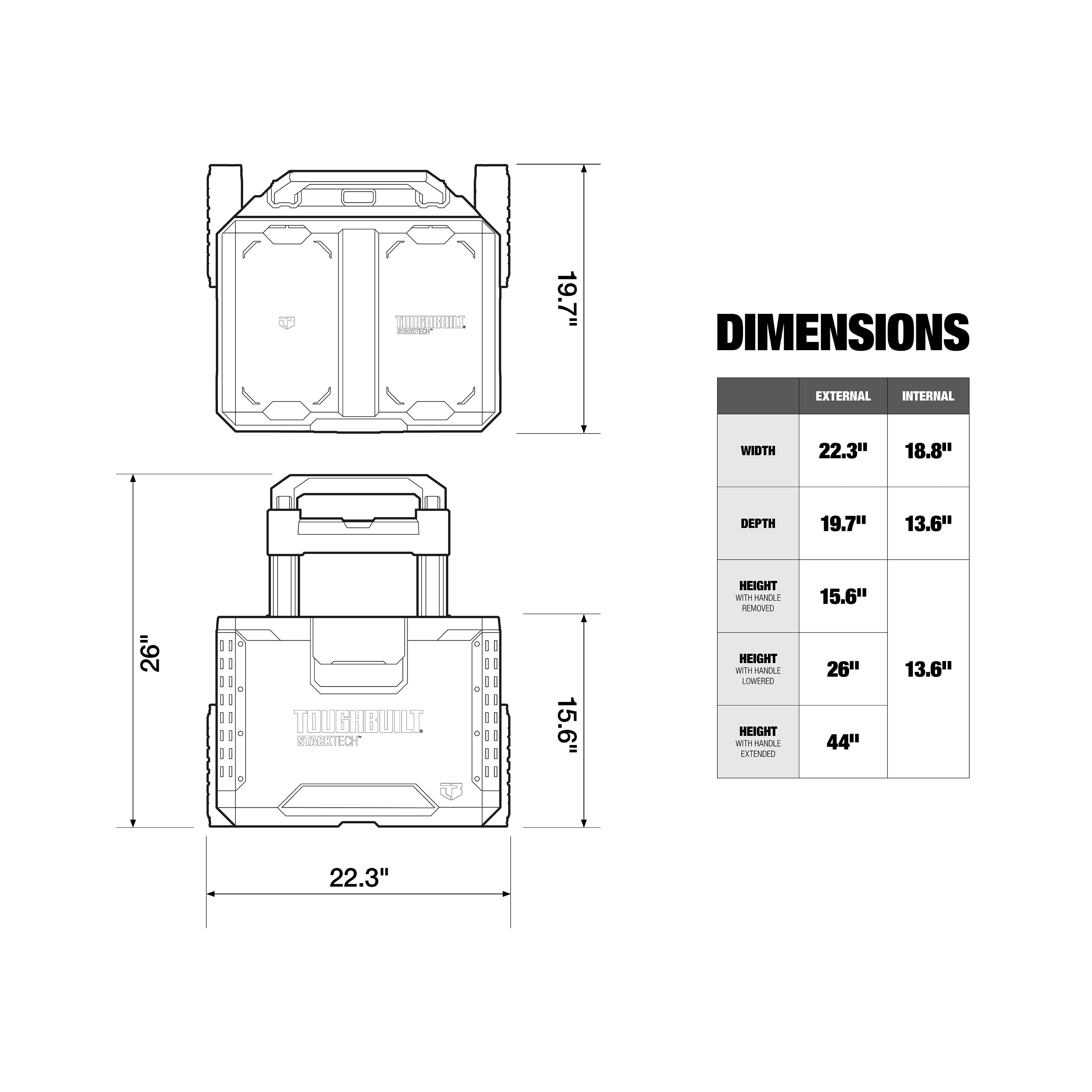 Caja de herramientas rodante de plástico/metal TOUGHBUILT STACKTECH 22.3 pulgadas de ancho x 26 pulgadas de alto x 19.7 pulgadas de profundidad TB-B1-B-70R