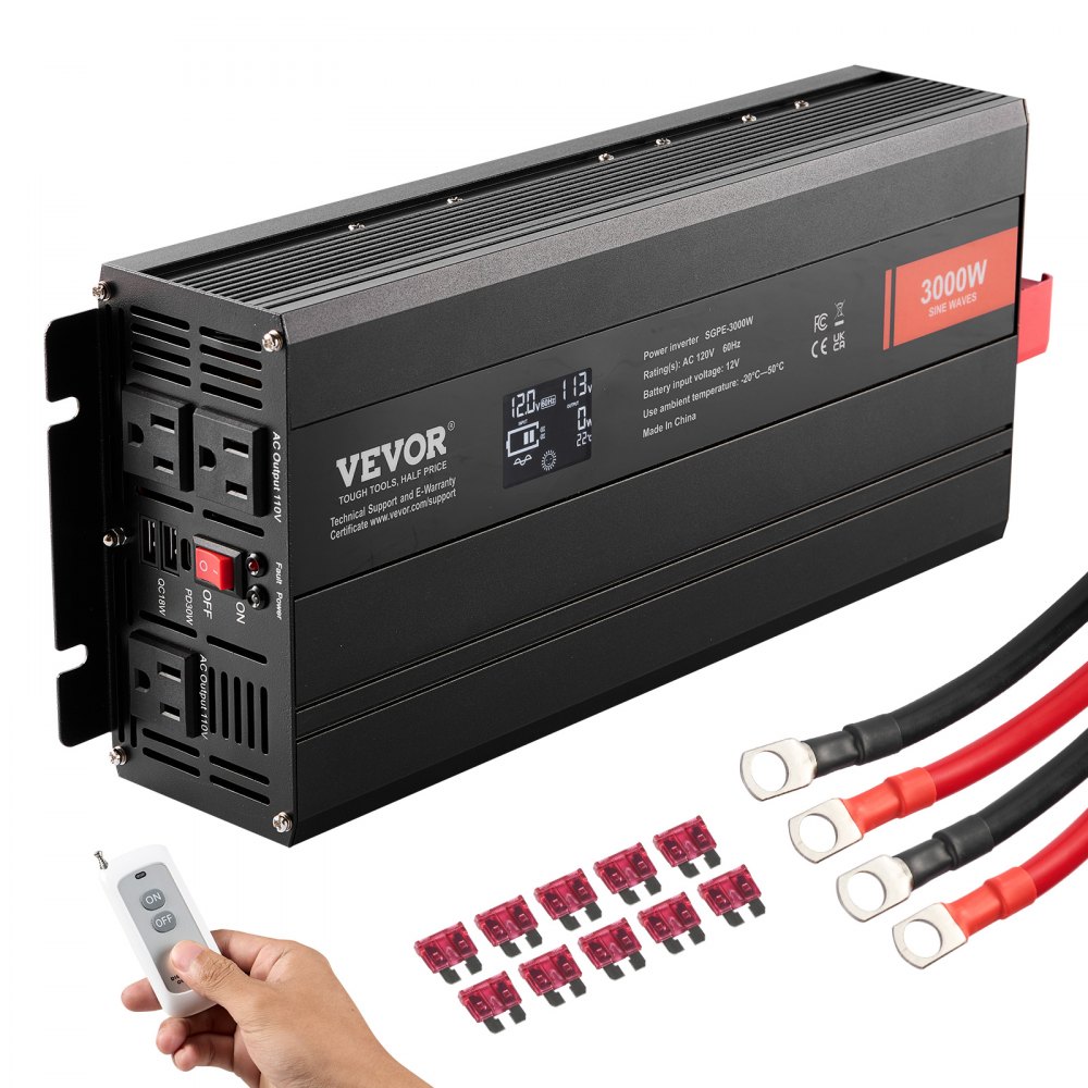VEVOR Pure Sine Wave Inverter, 3000 Watt, DC 12V to AC 120V Power Inverter with 2 AC Outlets 2 USB Port 1 Type-C Port, LCD Display and Remote Controller for Large Home Appliances, CE FCC Certified - CZXNBQ3000WCADPJXV1