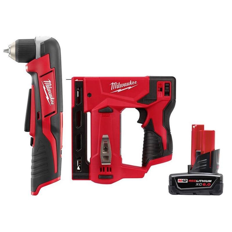 Broca angular derecha inalámbrica de 3/8 pulgadas Milwaukee M12 de 12 voltios con clavadora de corona de 3/8 pulgadas M12 y paquete de batería XC de 6.0 Ah - 2415-20-2447-20-48-11-2460.