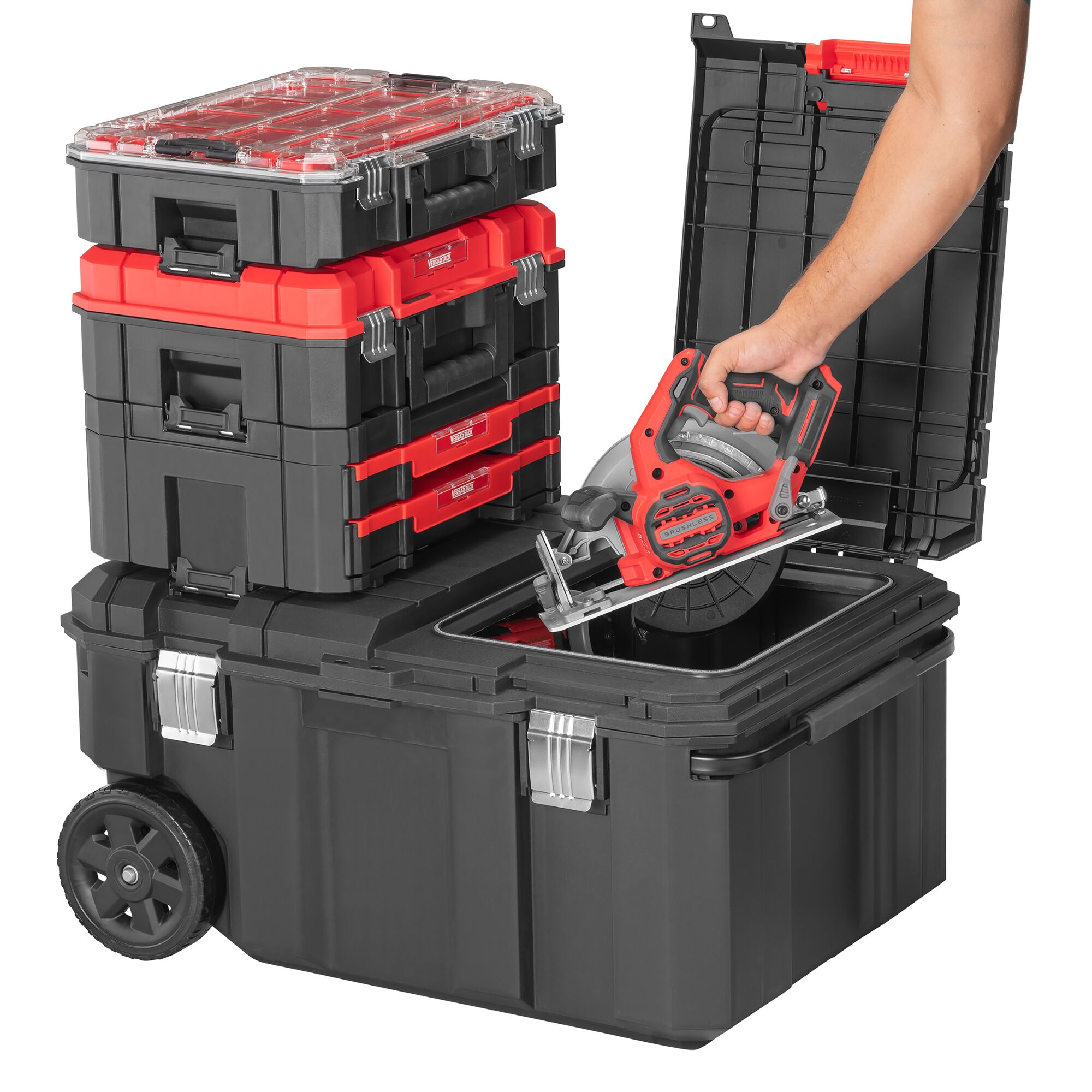 Caja de herramientas rodante Craftsmán Versastack de polipropileno negro de 30.4 pulgadas de ancho x 15.4 pulgadas de alto x 22 pulgadas de profundidad CMST17870