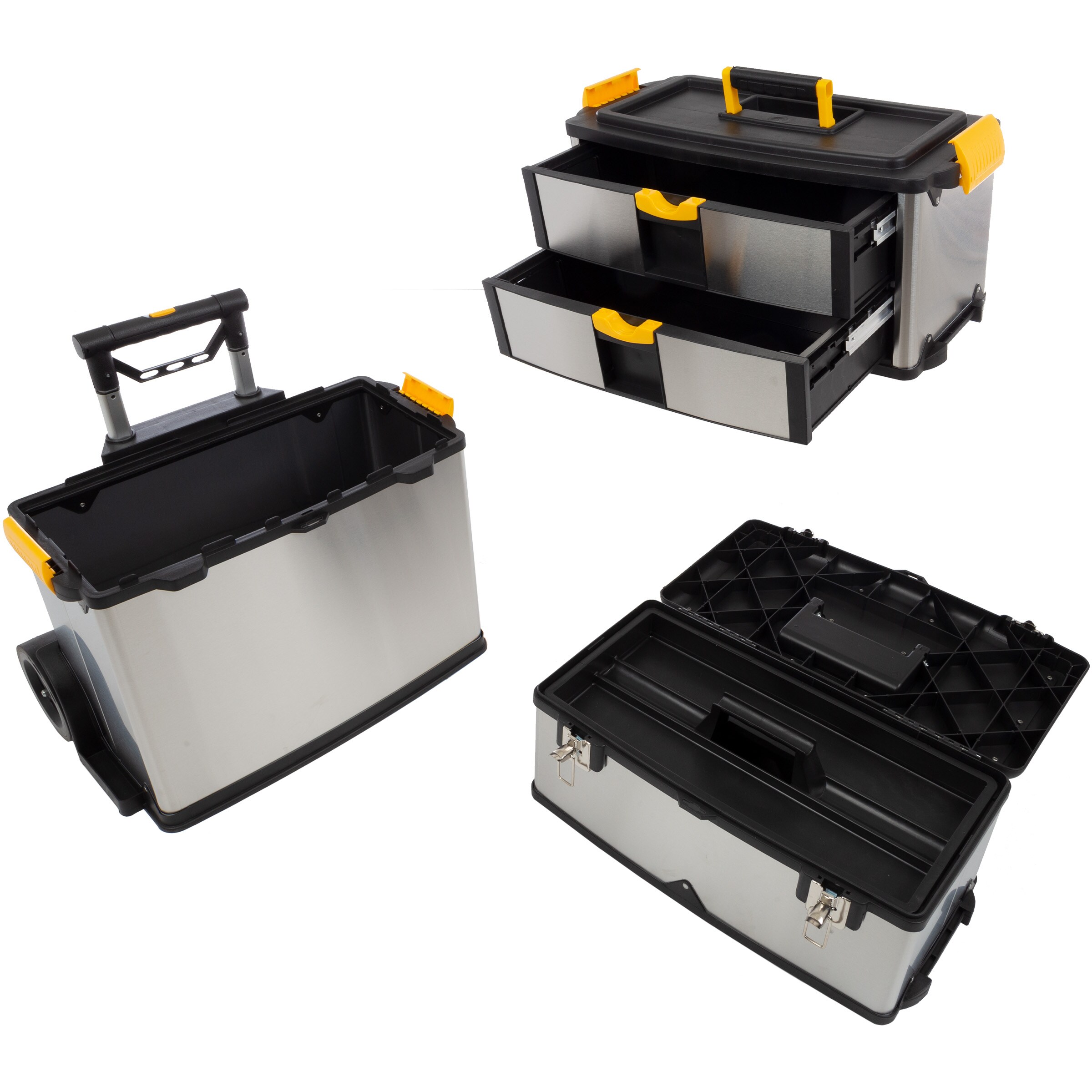 Caja de herramientas metálica de 3 partes con ruedas Fleming Supply, color plata 22.25 pulgadas W x 33 pulgadas H x 15 pulgadas D 2 cajones - Caja de herramientas rodante de acero plateado 277952YNR