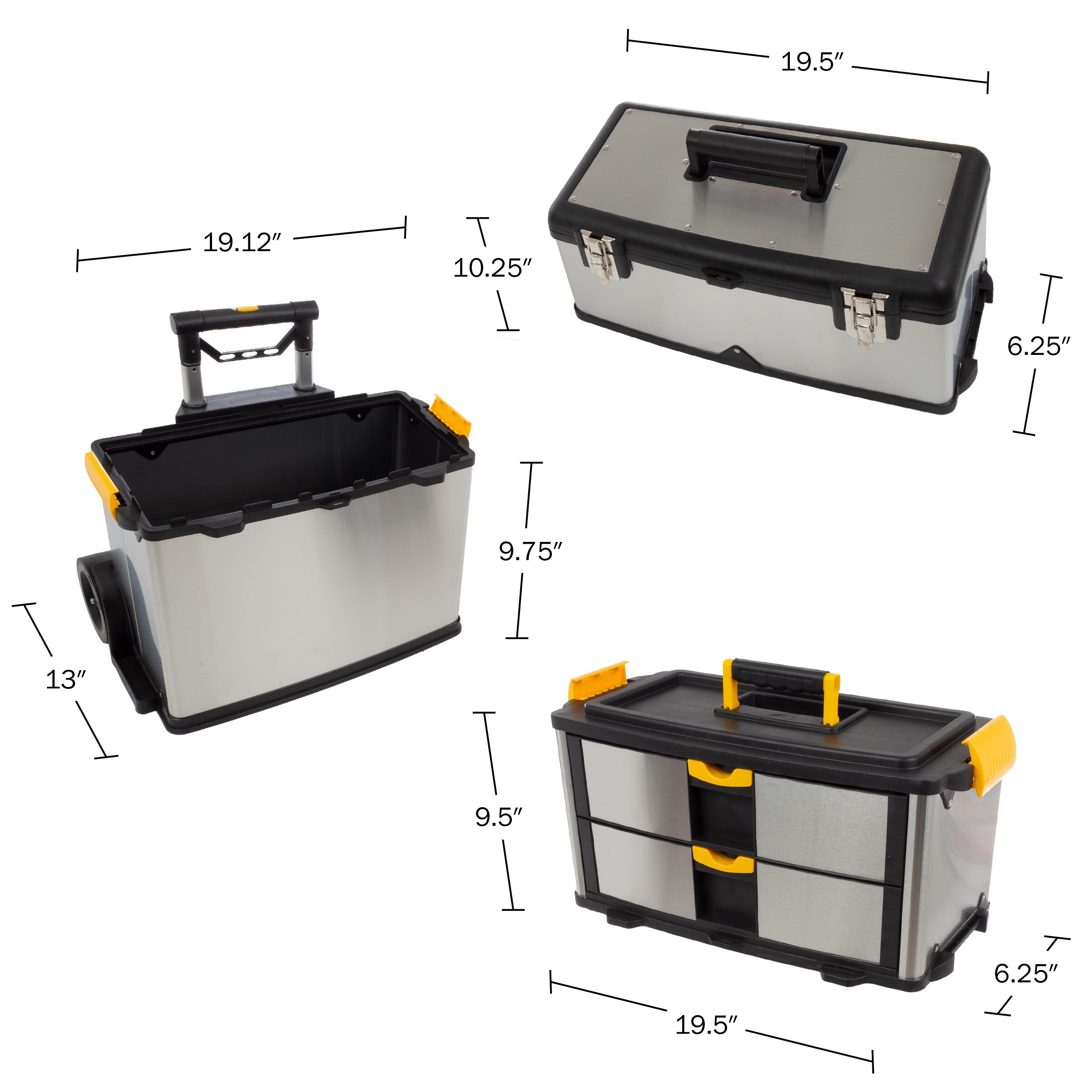 Caja de herramientas metálica de 3 partes con ruedas Fleming Supply, color plata 22.25 pulgadas W x 33 pulgadas H x 15 pulgadas D 2 cajones - Caja de herramientas rodante de acero plateado 277952YNR