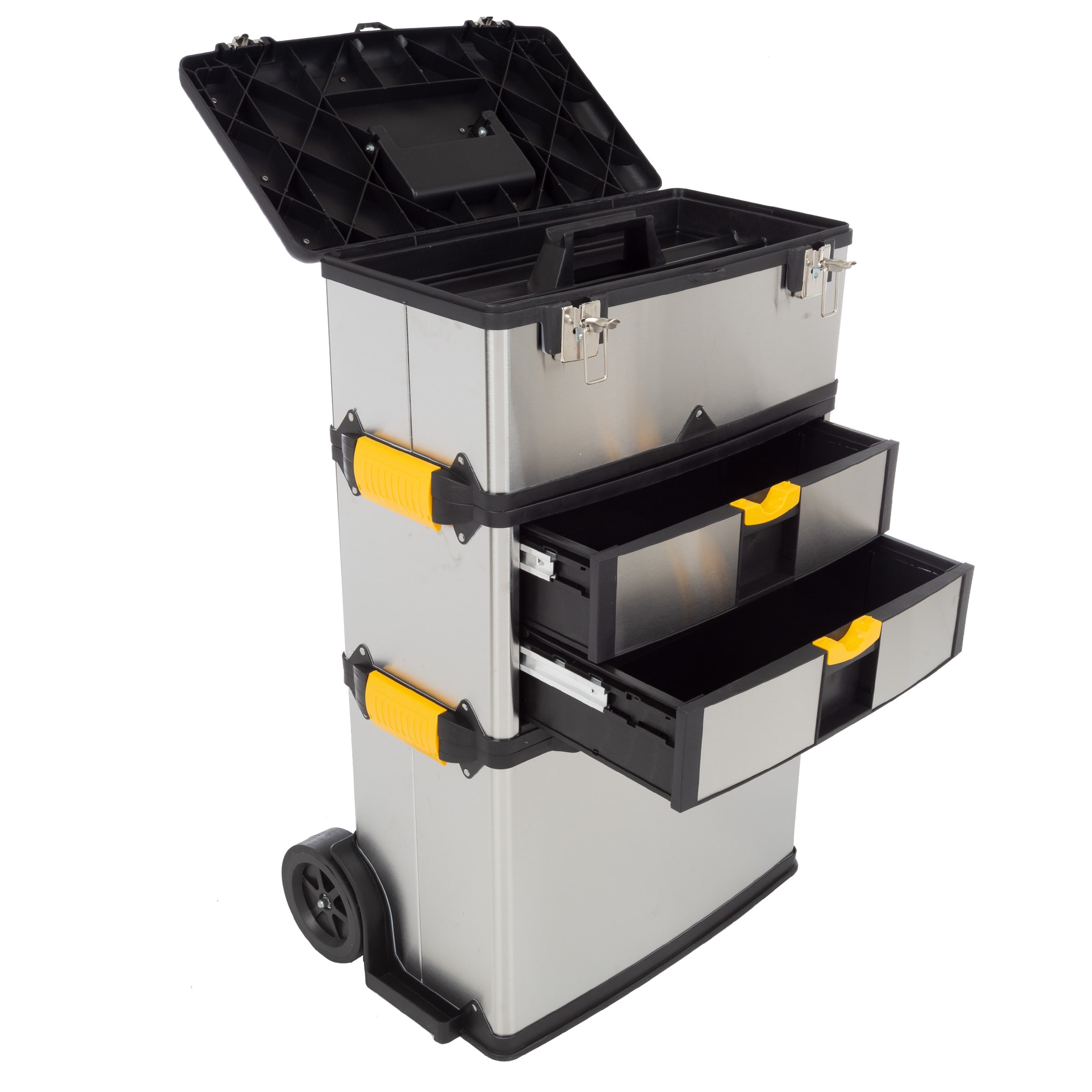 Caja de herramientas metálica de 3 partes con ruedas Fleming Supply, color plata 22.25 pulgadas W x 33 pulgadas H x 15 pulgadas D 2 cajones - Caja de herramientas rodante de acero plateado 277952YNR